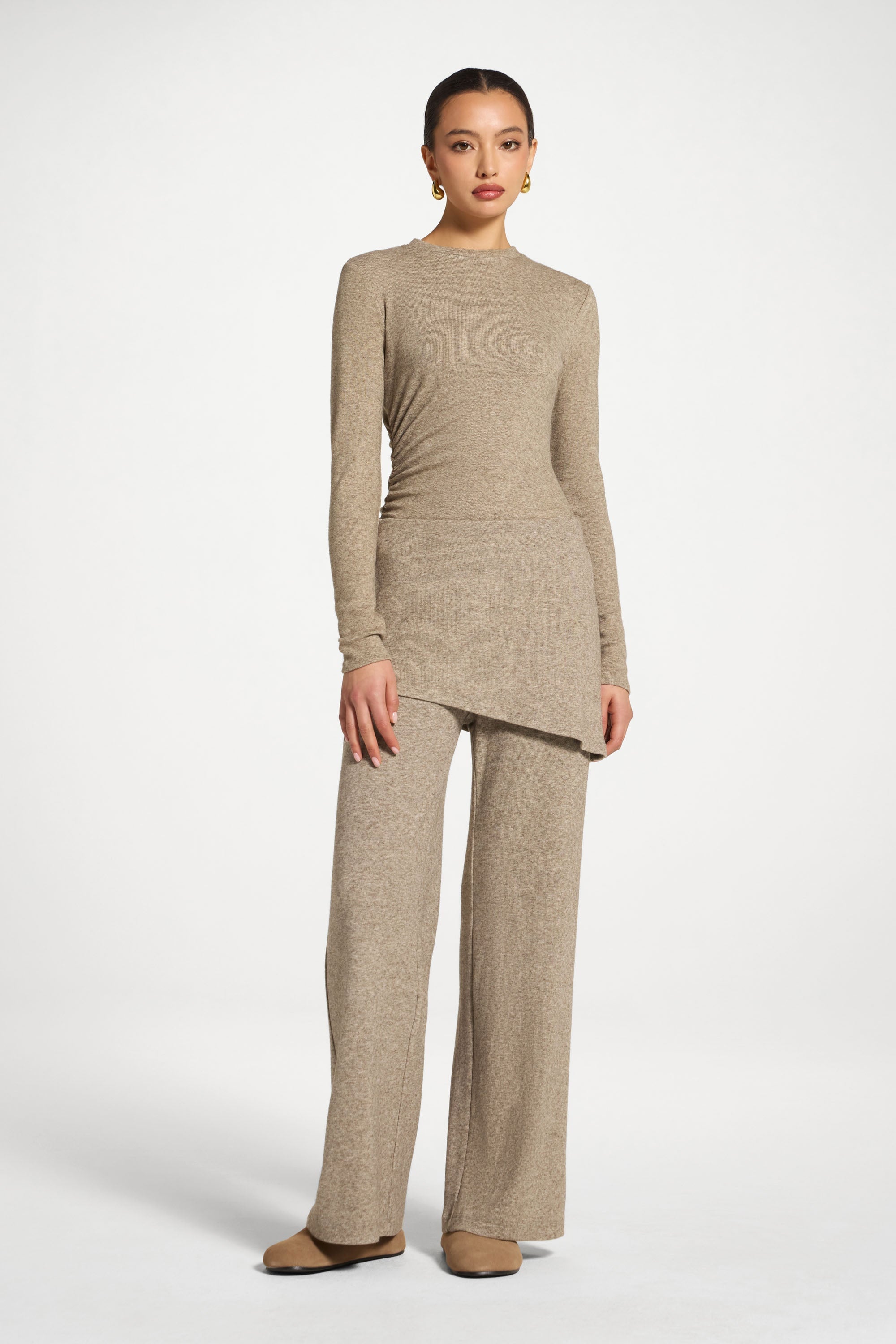 Ribbed Knit Foldover Wide Leg Pants - Warm Grey Abayas Veiled 