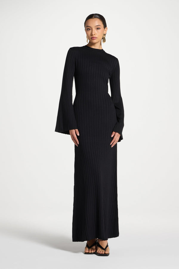 black ribbed maxi dress Valerie Ribbed Knit Long Sleeve Maxi Dress (Black) Small