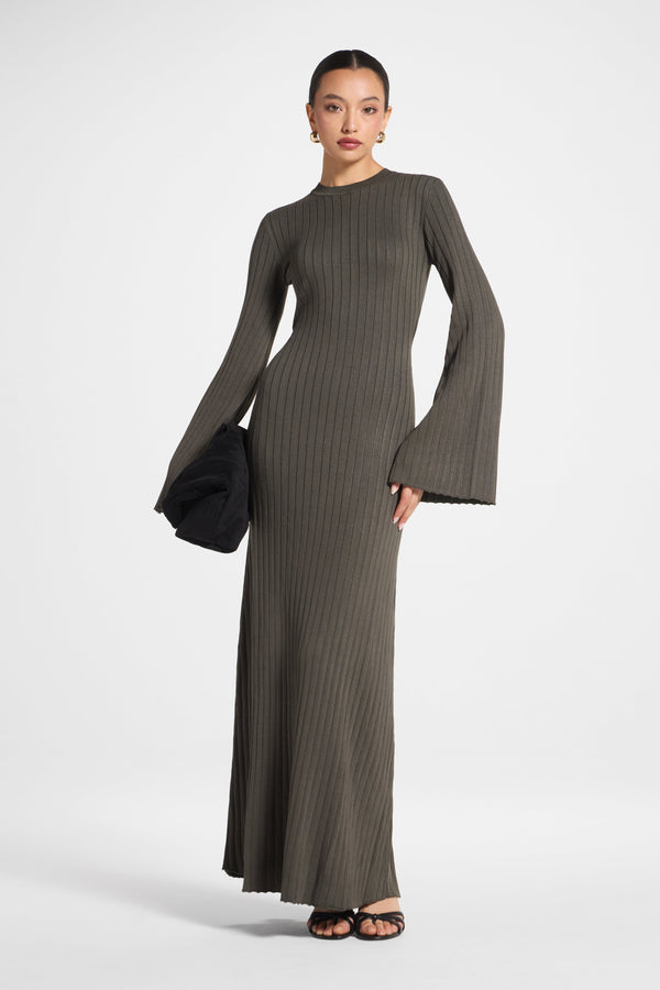 RIbbed Knit Maxi Dress - Dark Sage Abayas Veiled 