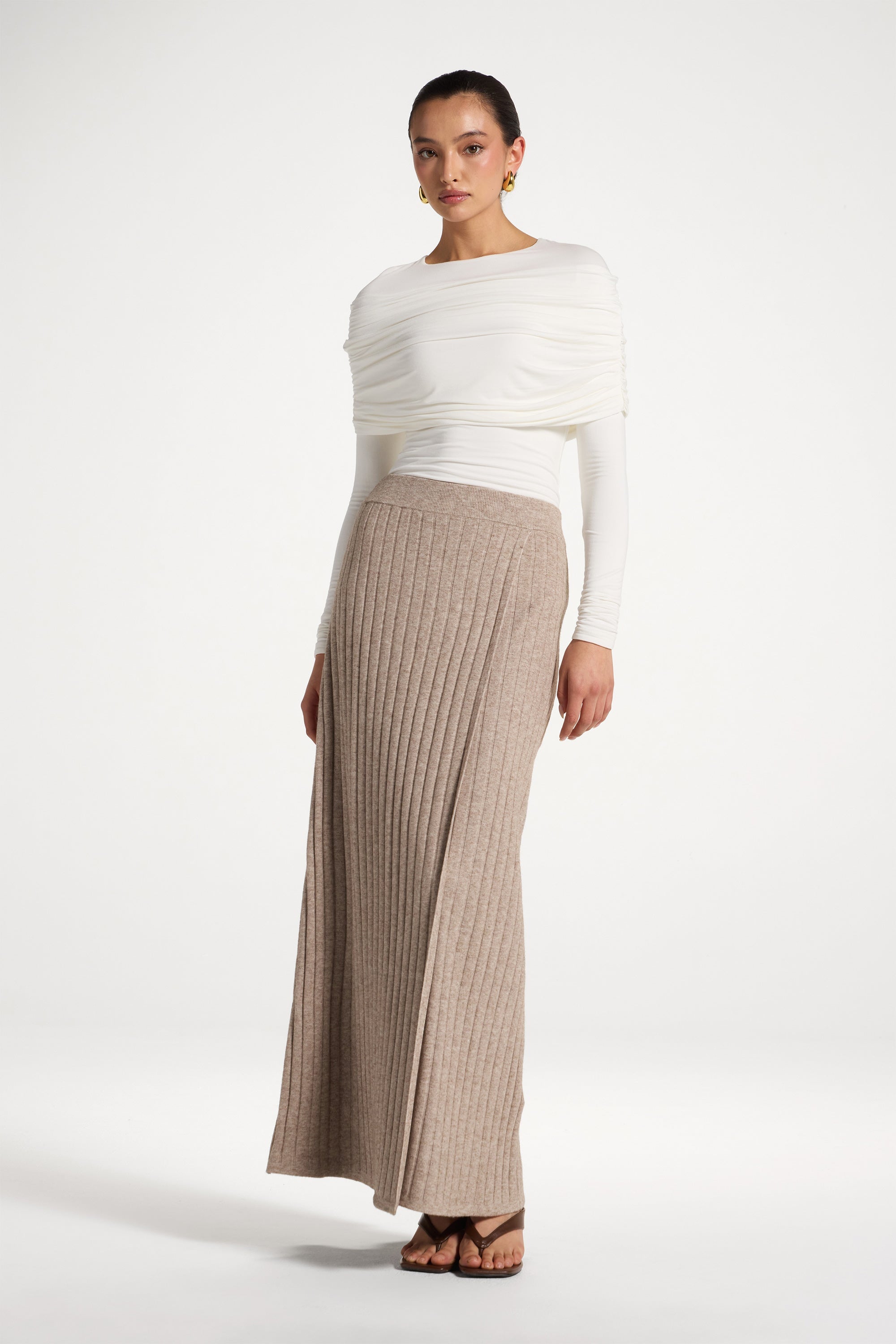 Ribbed Knit Wrap Skirt - Beige Abayas Veiled 