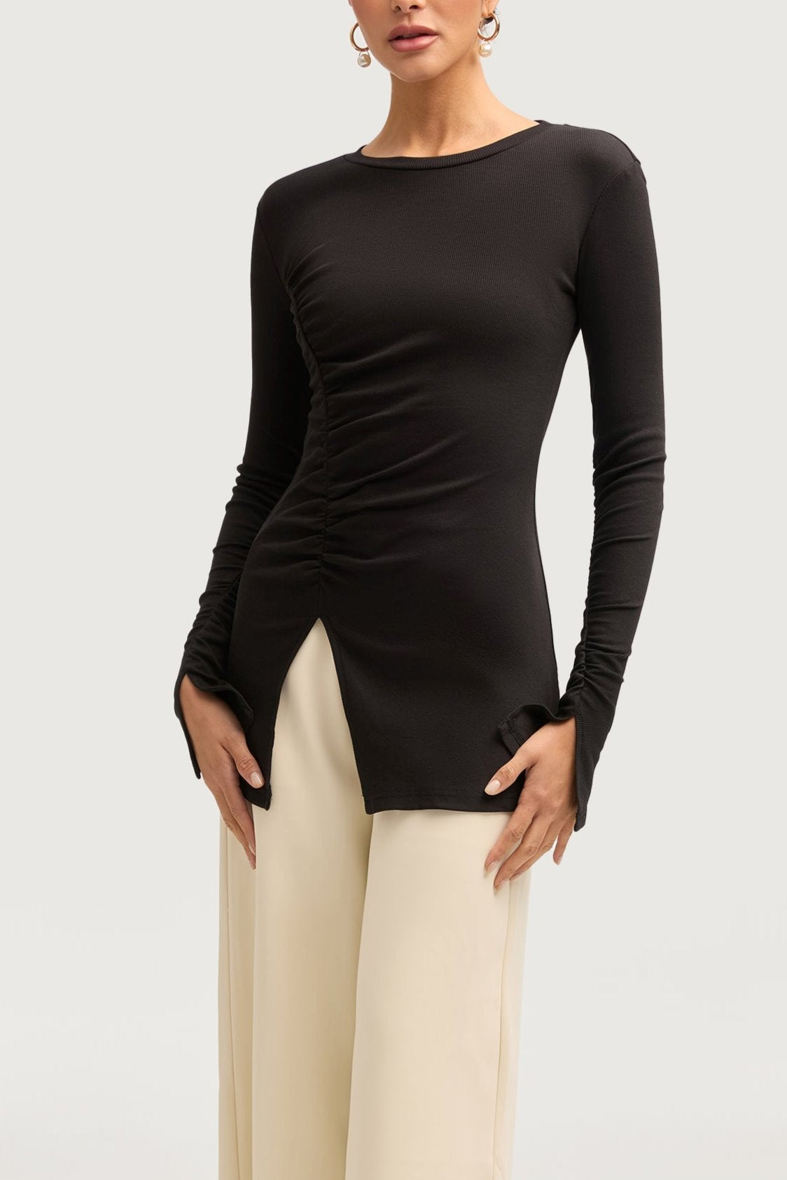 Ribbed Split Hem Top - Black Tops Veiled Collection 