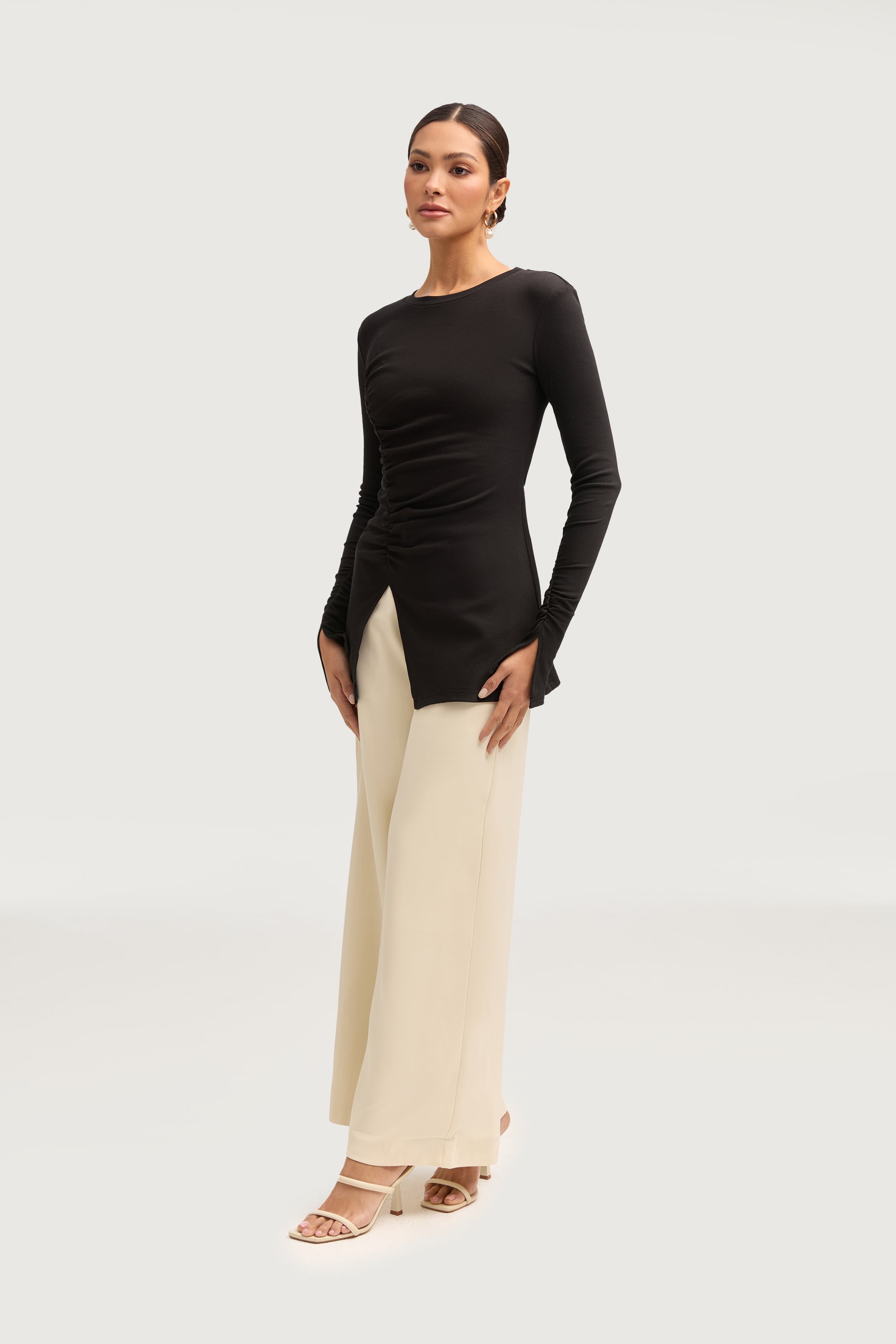 Ribbed Split Hem Top - Black Tops Veiled Collection 