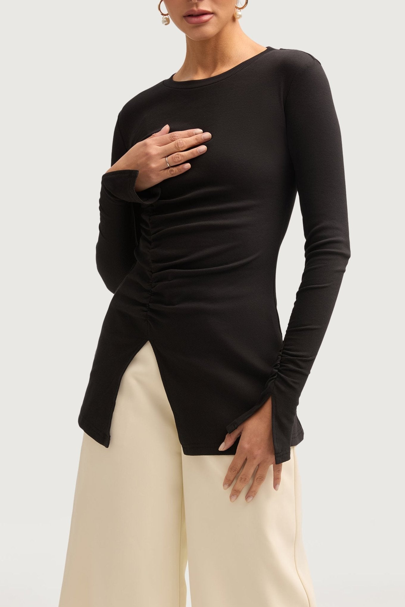 Ribbed Split Hem Top - Black Tops Veiled Collection 