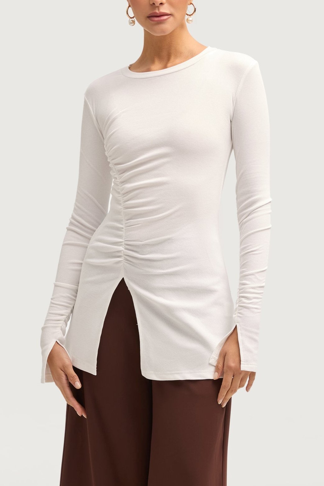 Ribbed Split Hem Top - White Tops Veiled Collection 