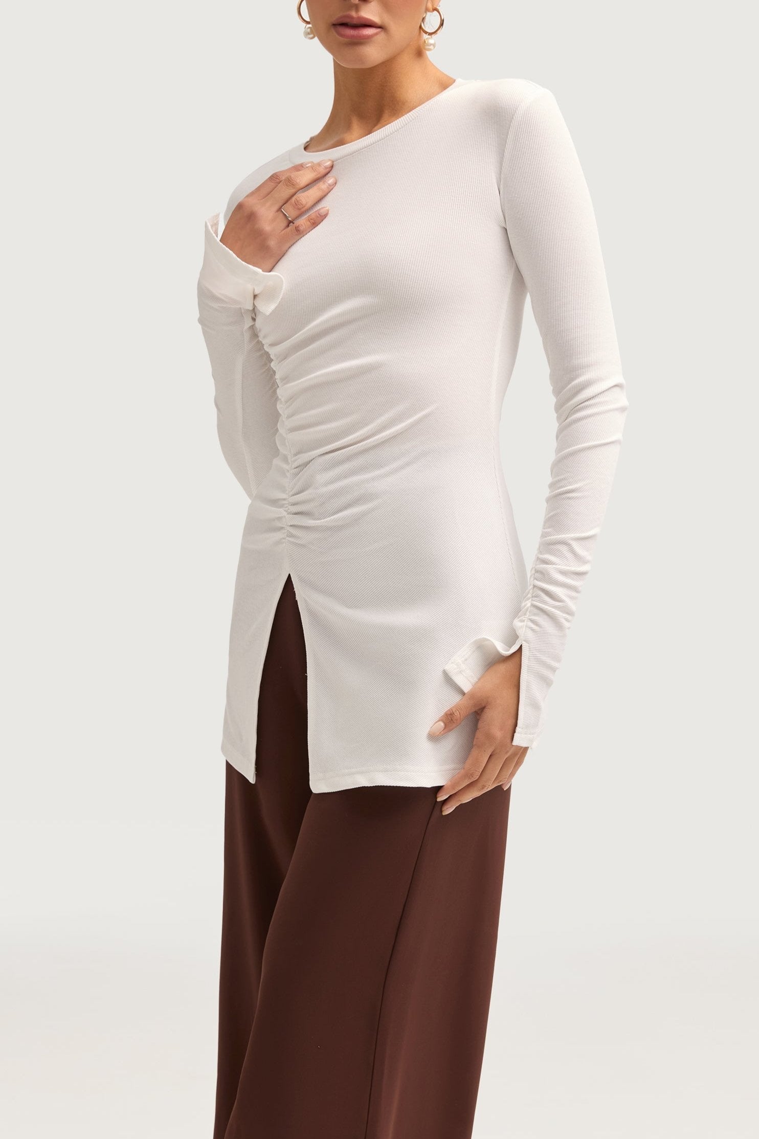 Ribbed Split Hem Top - White Tops Veiled Collection 