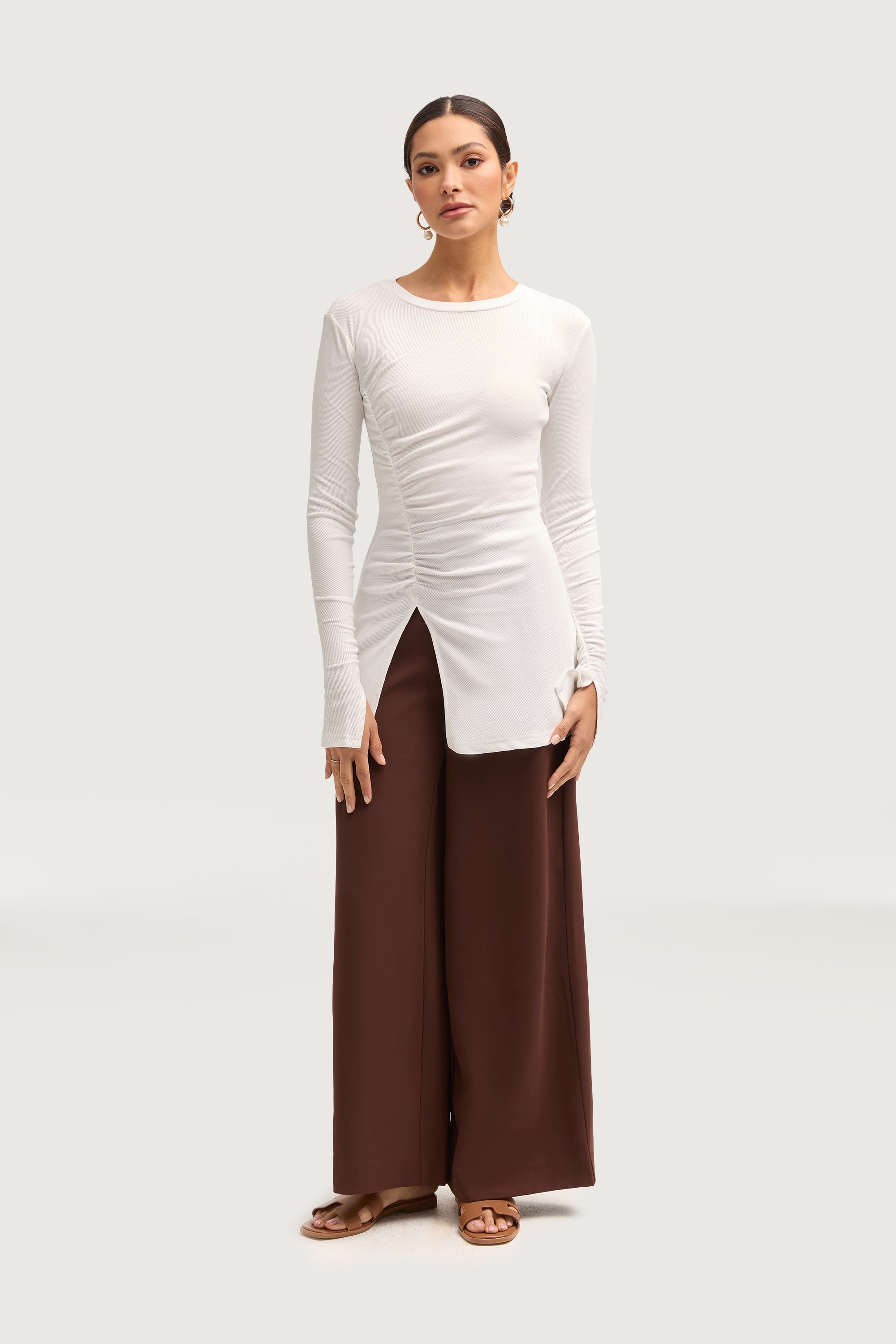 Ribbed Split Hem Top - White Tops Veiled Collection 