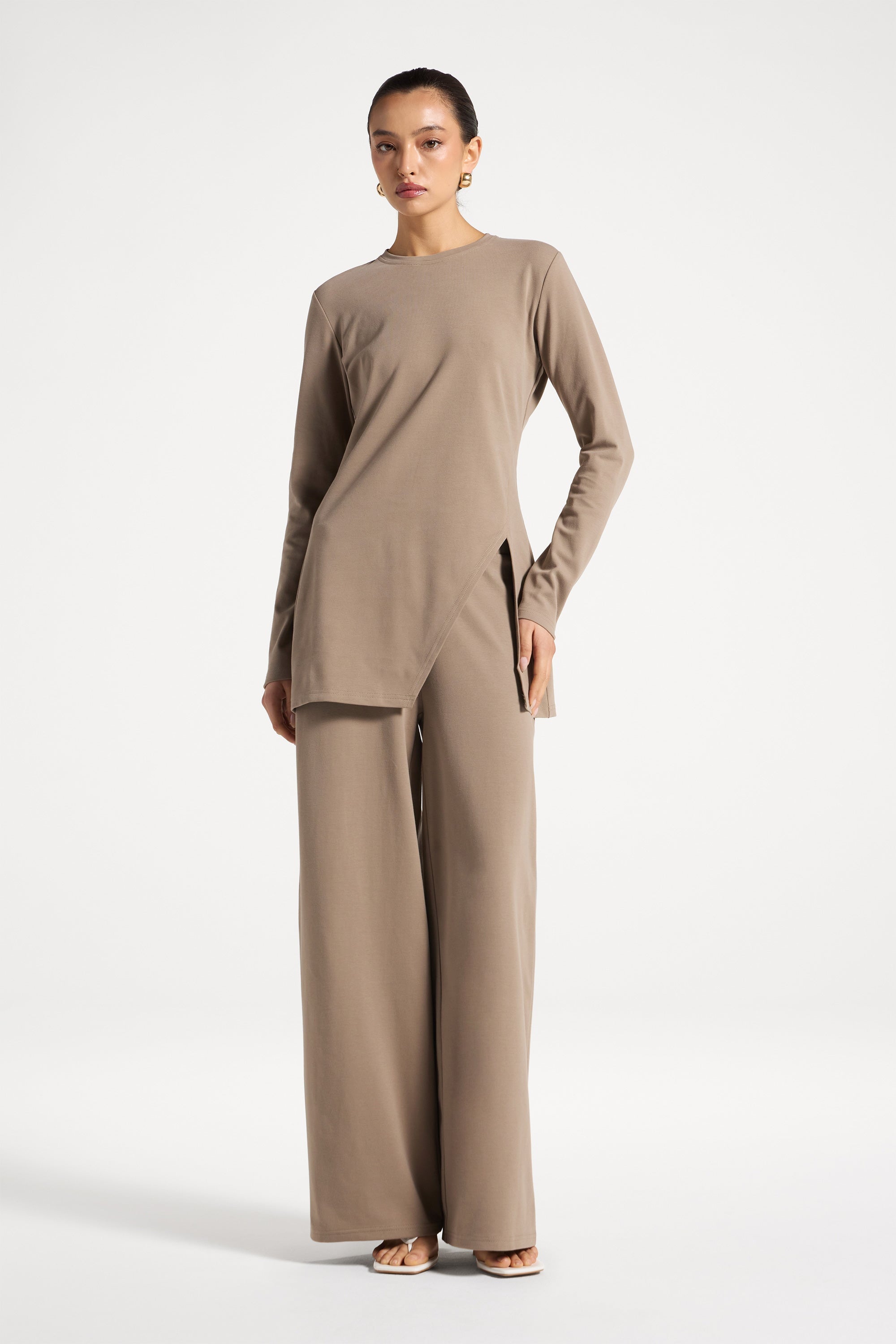 Ribbed Top & Pants Matching Set - Pebble
