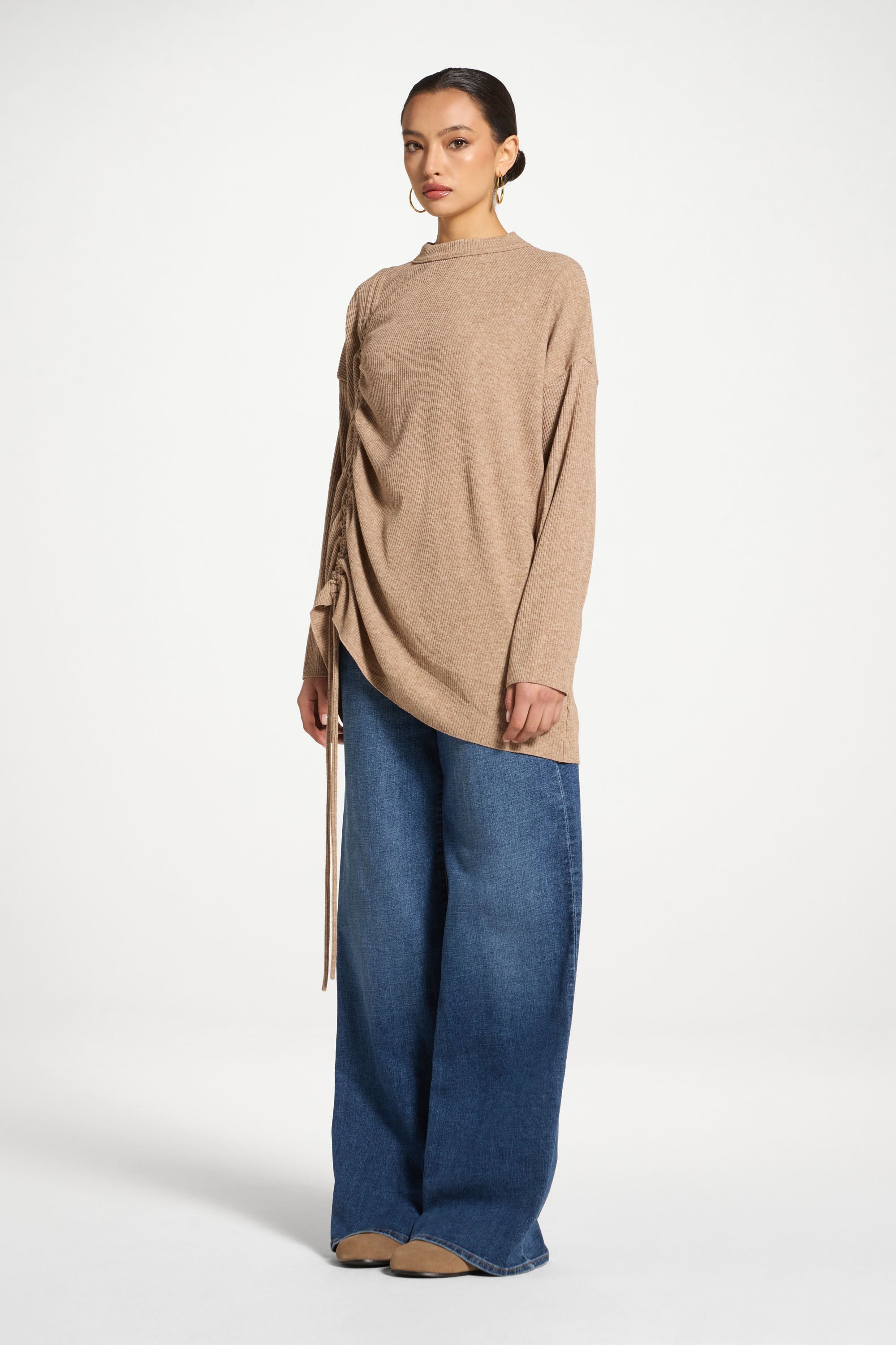 Rouched Knit Tunic - Brown Abayas Veiled 