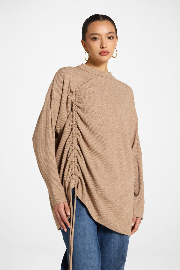 Rouched Knit Tunic - Brown Abayas Veiled 