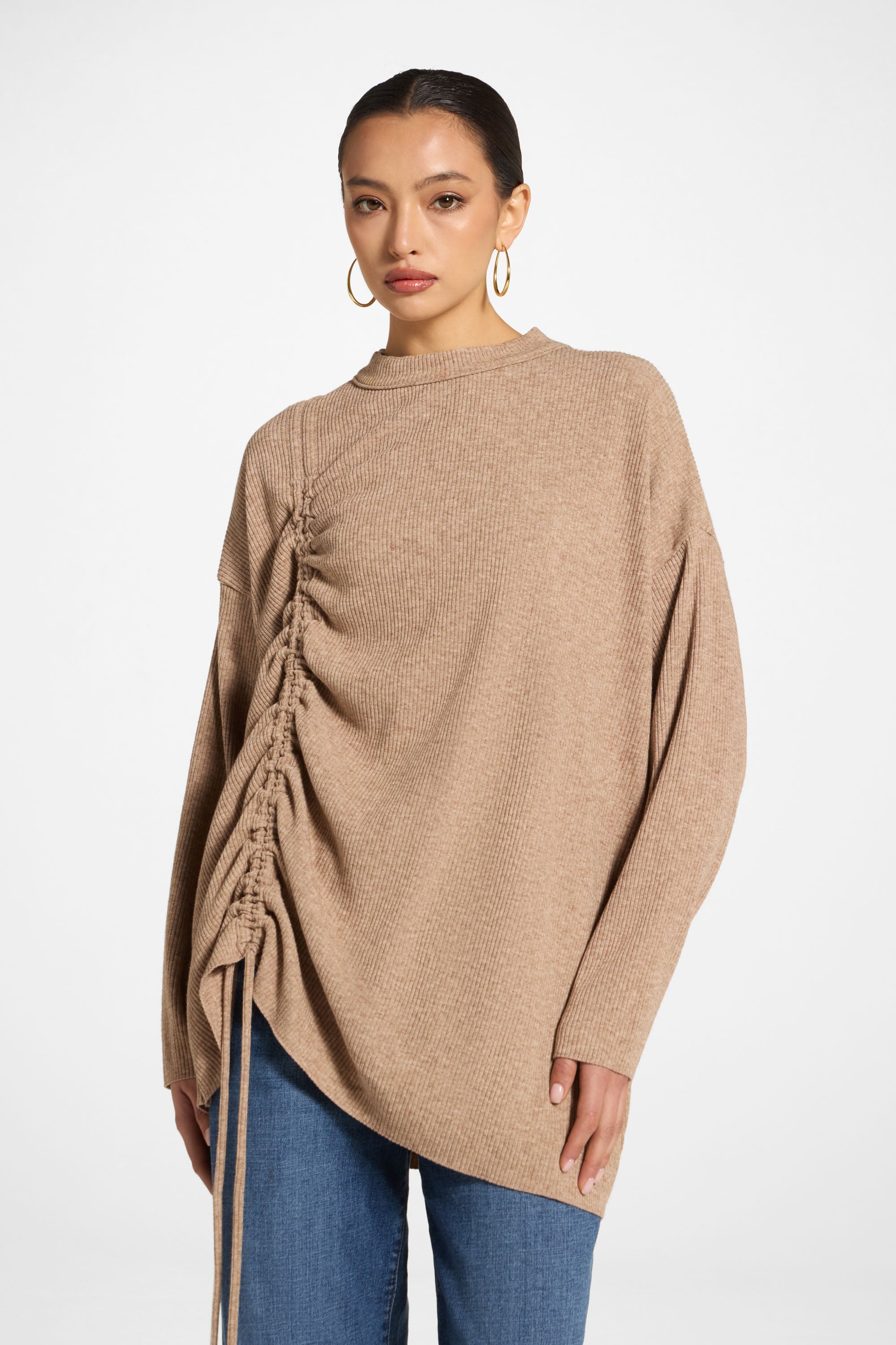 Rouched Knit Tunic - Brown Abayas Veiled 