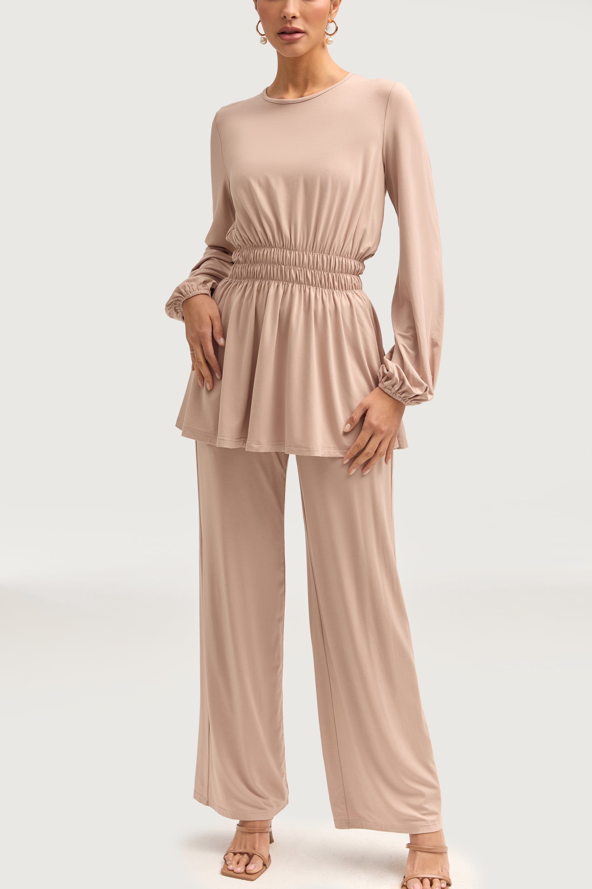 Rouched Top & Wide Leg Pants Matching Set - Mink Sets Veiled 