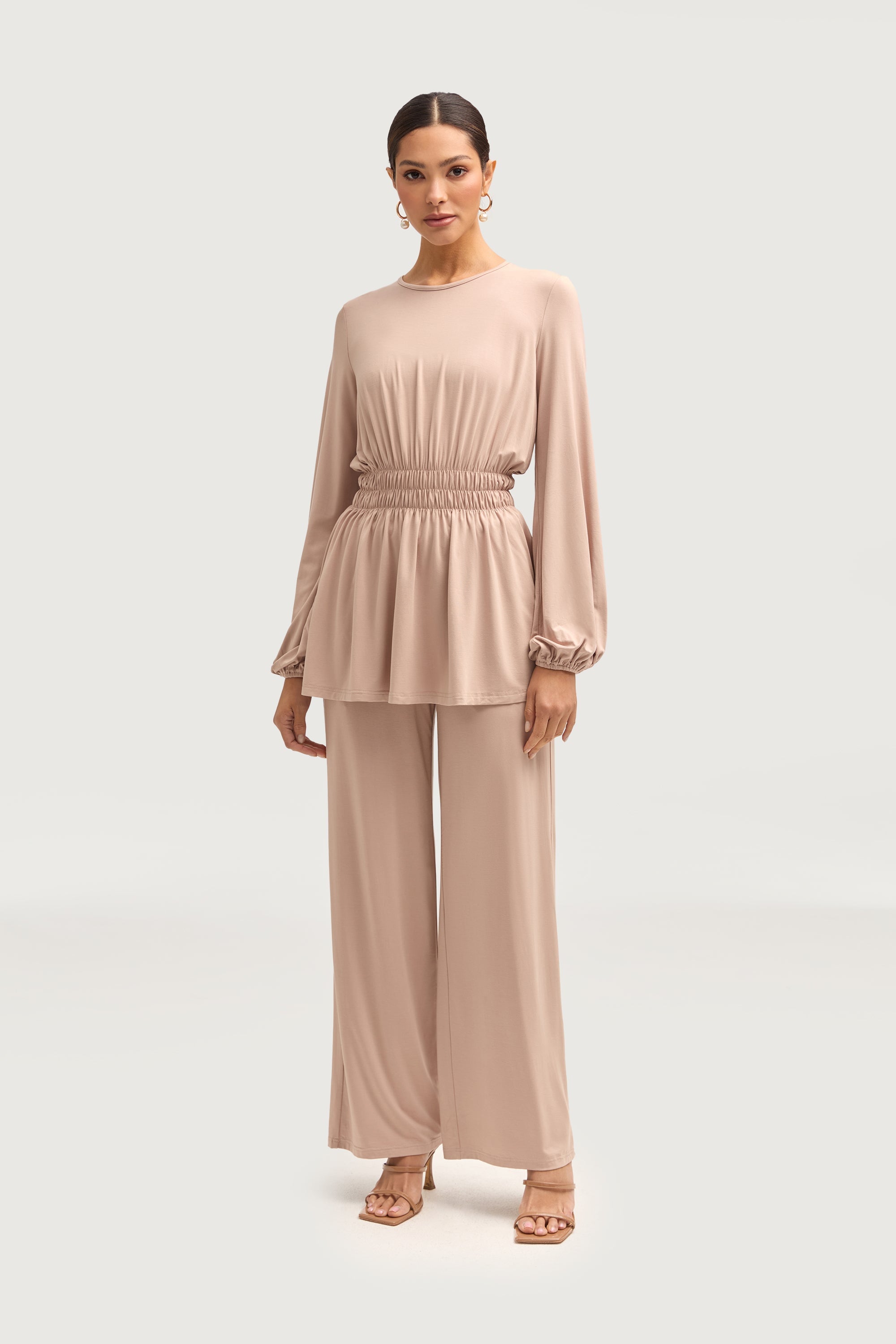 Rouched Top & Wide Leg Pants Matching Set - Mink Sets Veiled 