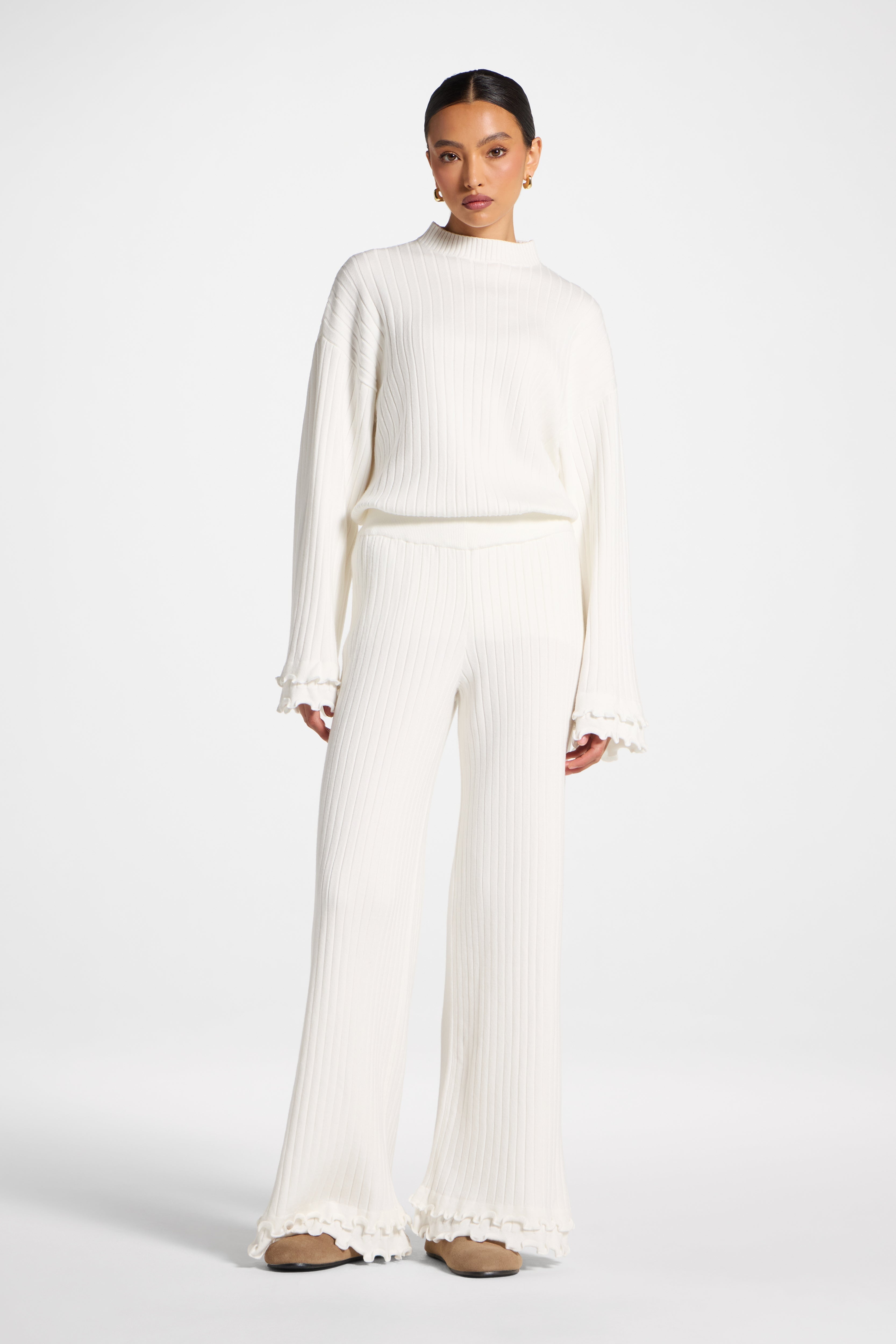 Ruffle Hem Knit Pants - White Abayas Veiled 