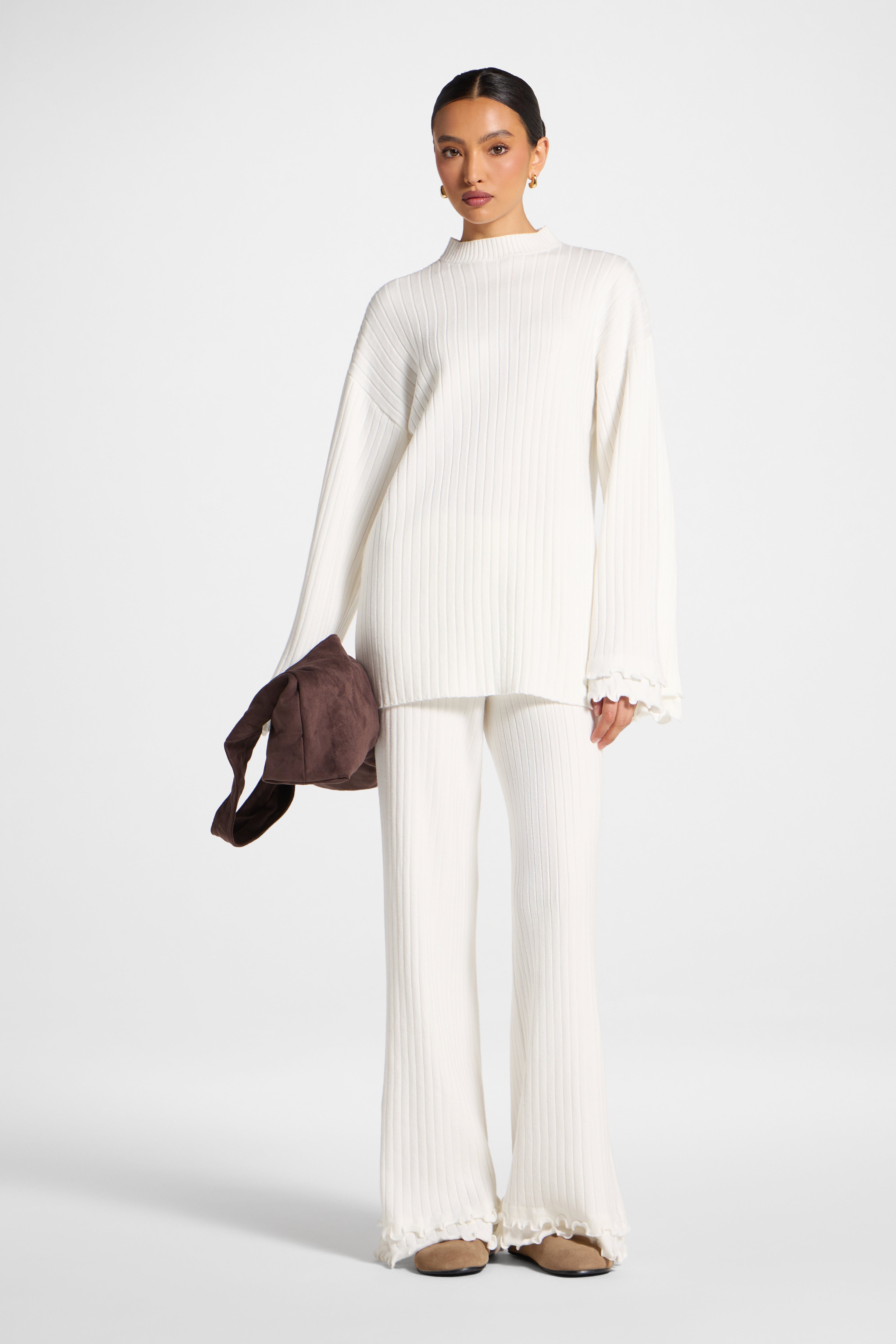 Ruffle Hem Knit Pants - White Abayas Veiled 