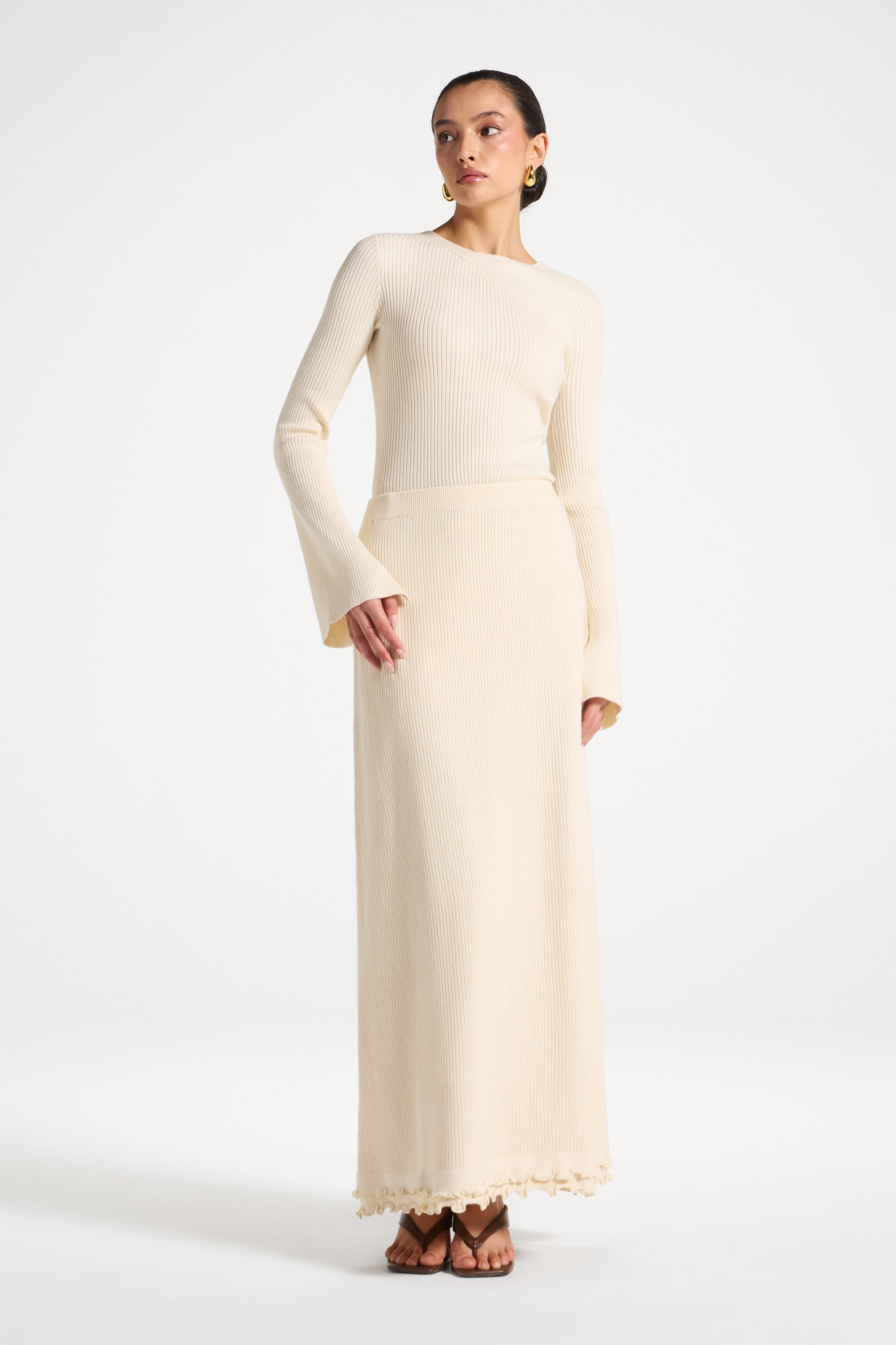 Ruffle Hem Knit Skirt - Ivory Abayas Veiled 