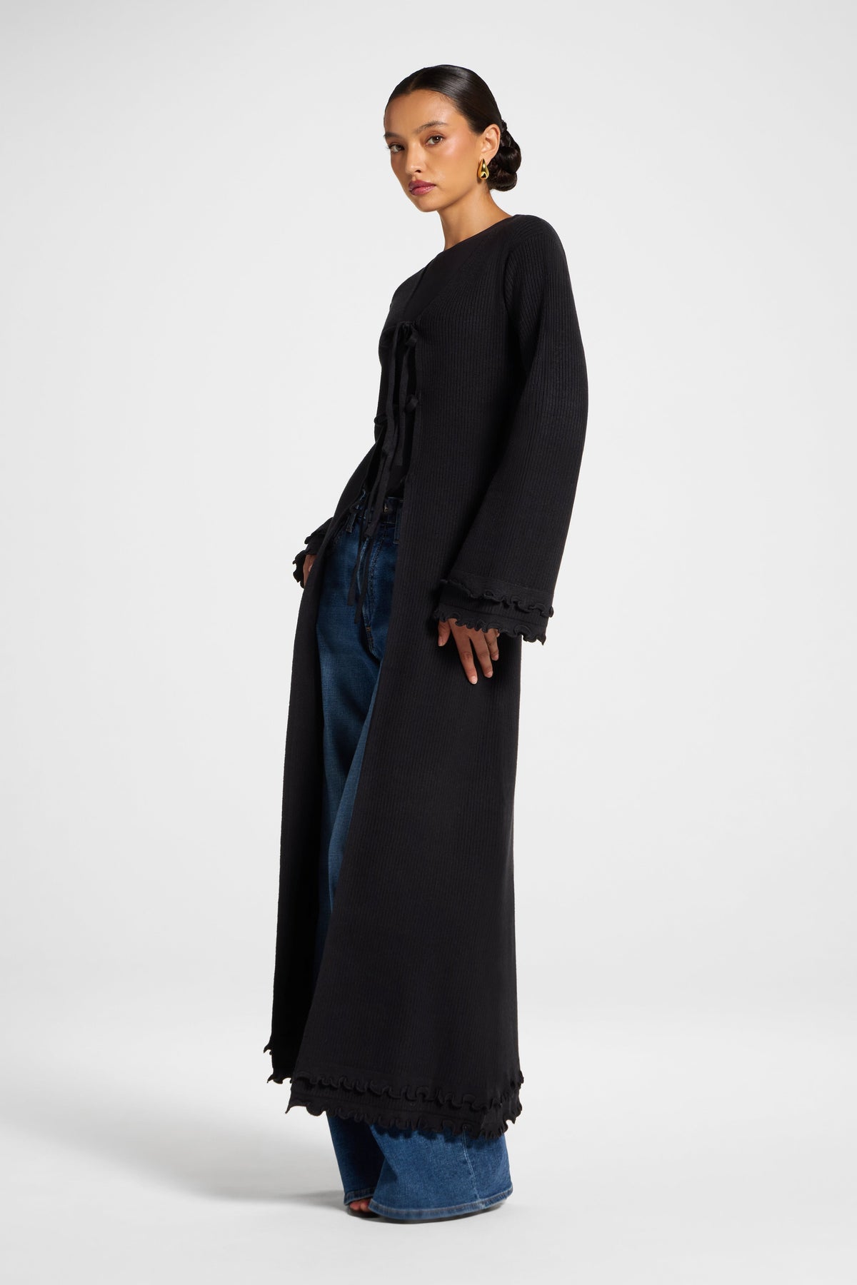 Ruffle Sleeve Knit Cardigan - Black Veiled 
