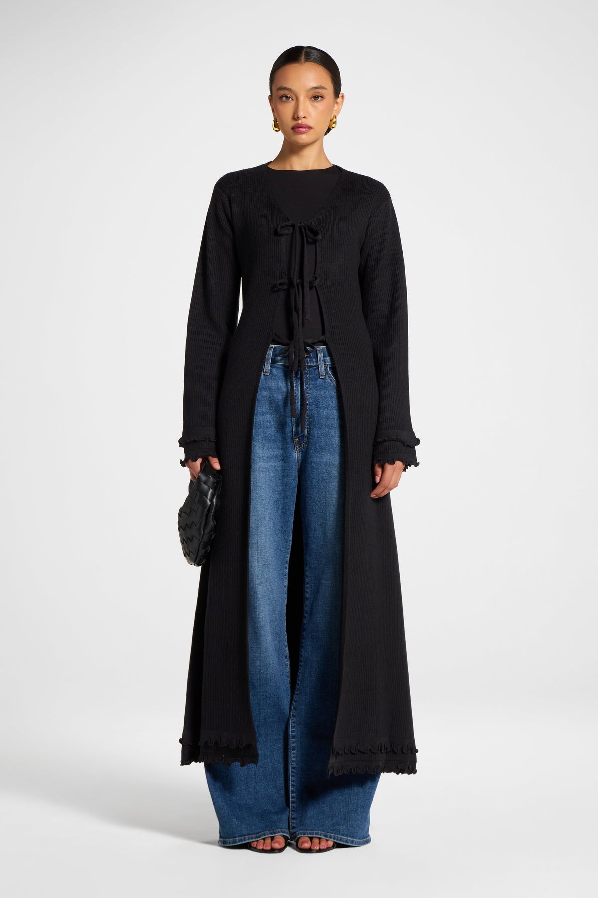 Ruffle Sleeve Knit Cardigan - Black Veiled 