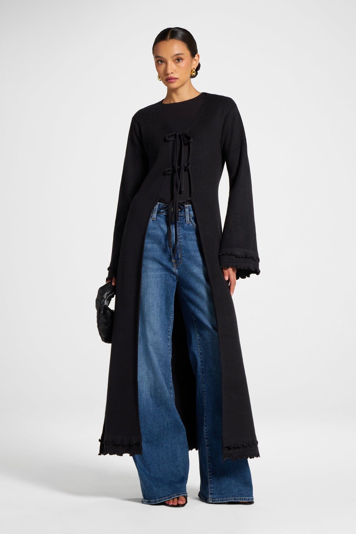 Ruffle Sleeve Knit Cardigan - Black Veiled 