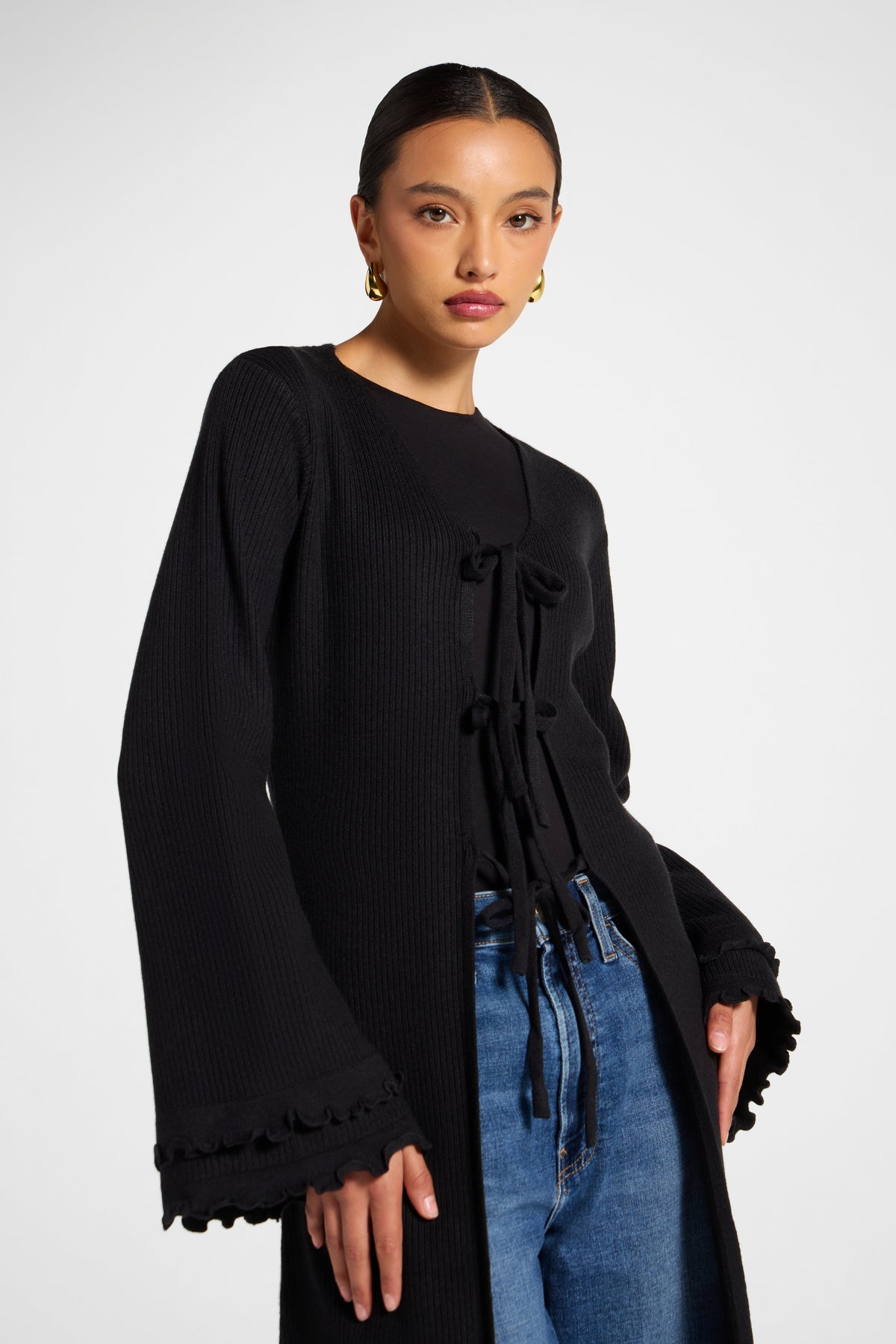Ruffle Sleeve Knit Cardigan - Black Veiled 