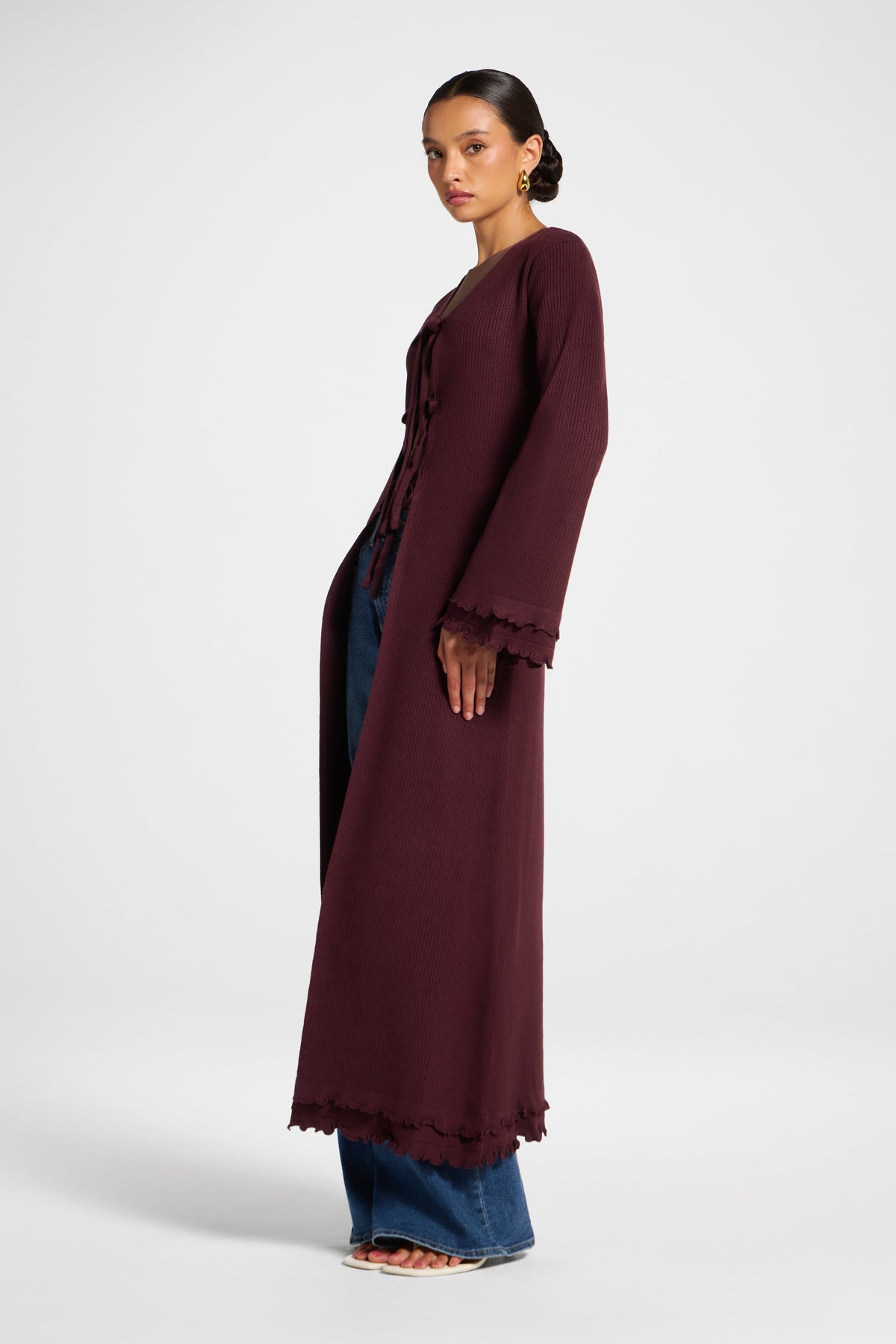 Ruffle Sleeve Knit Cardigan - Chocolate Truffle Veiled 