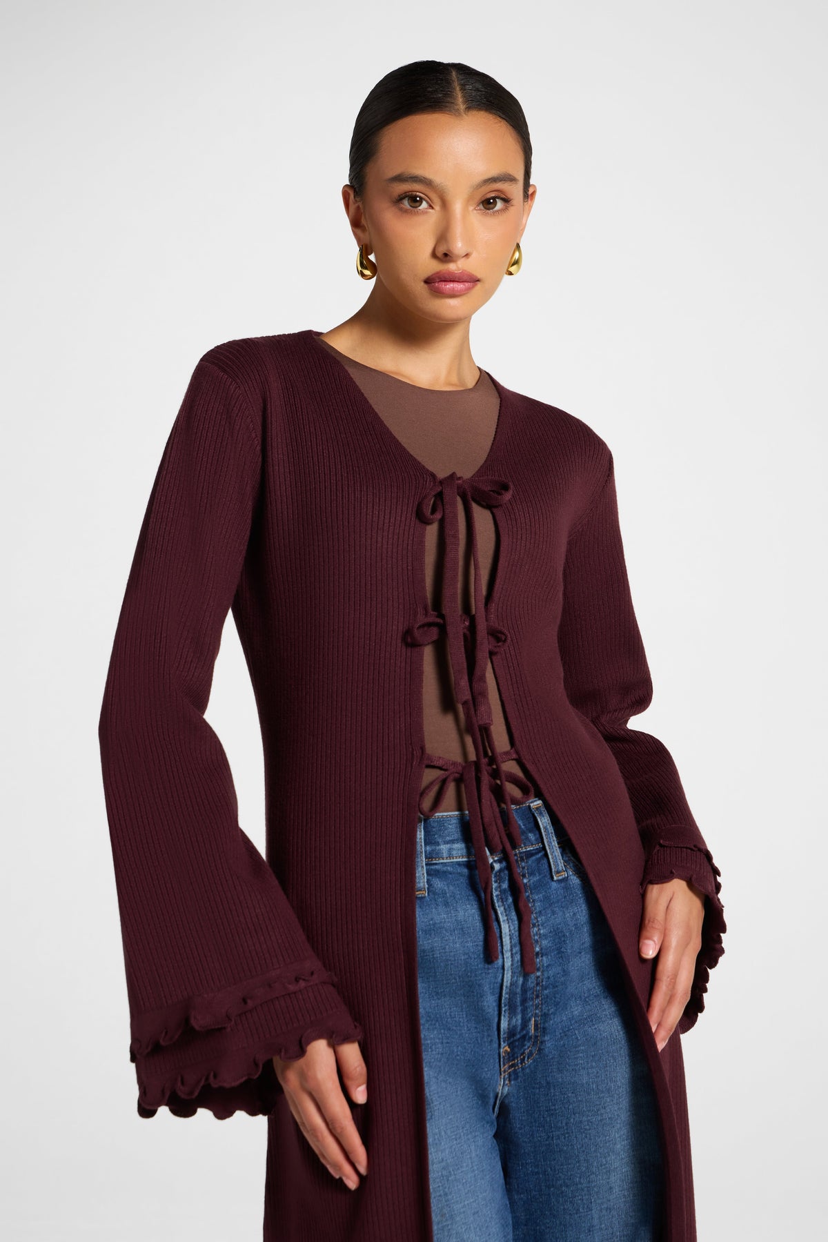 Ruffle Sleeve Knit Cardigan - Chocolate Truffle Veiled 