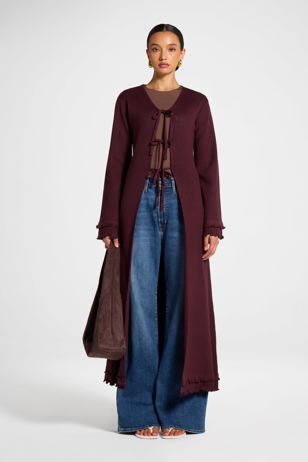 Ruffle Sleeve Knit Cardigan - Chocolate Truffle Veiled 