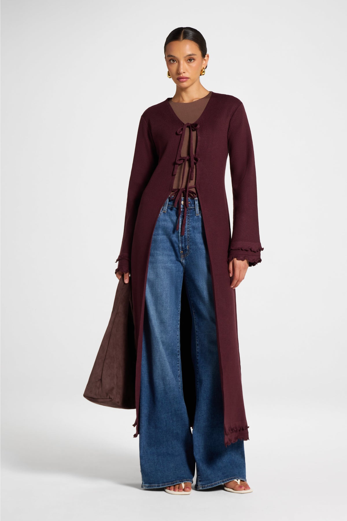 Ruffle Sleeve Knit Cardigan - Chocolate Truffle Veiled 
