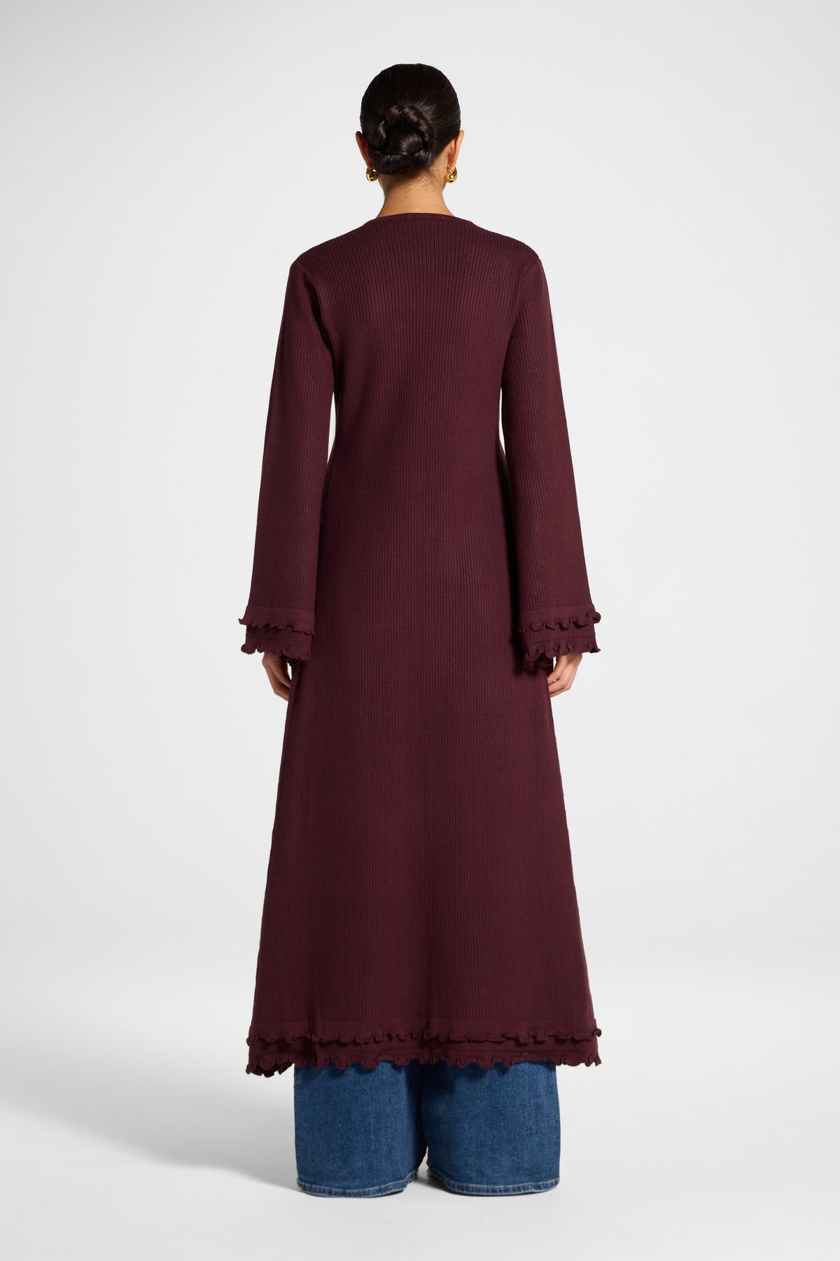 Ruffle Sleeve Knit Cardigan - Chocolate Truffle Veiled 
