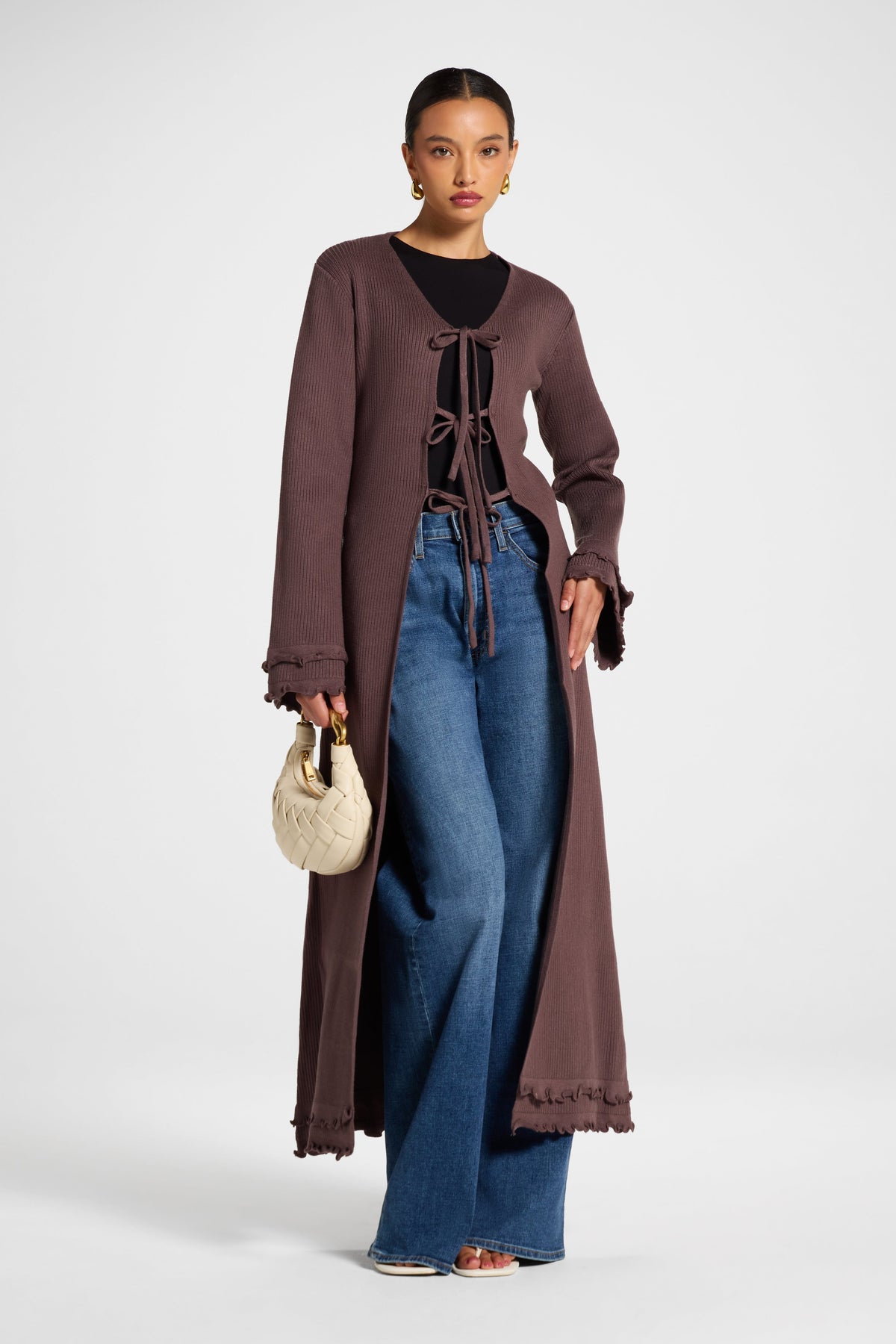 Ruffle Sleeve Knit Cardigan - Peppercorn Veiled 