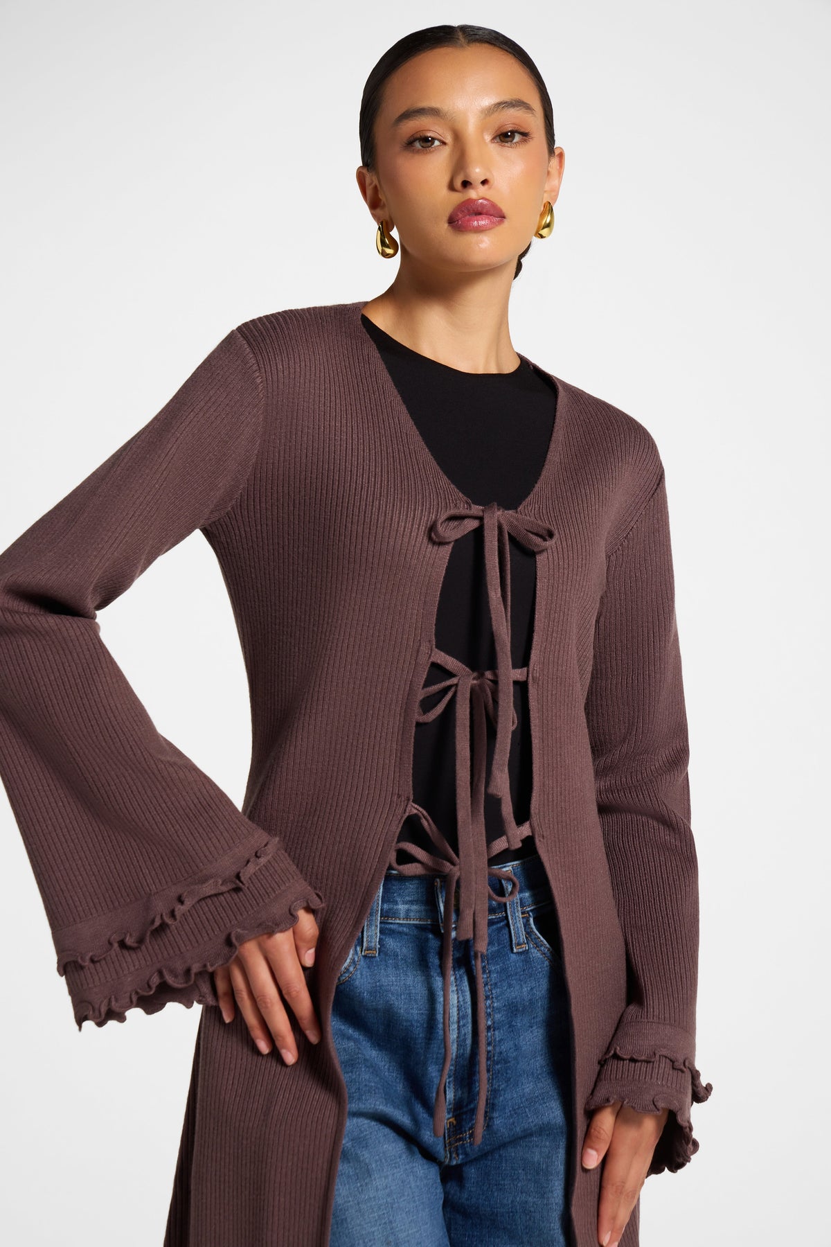 Ruffle Sleeve Knit Cardigan - Peppercorn Veiled 