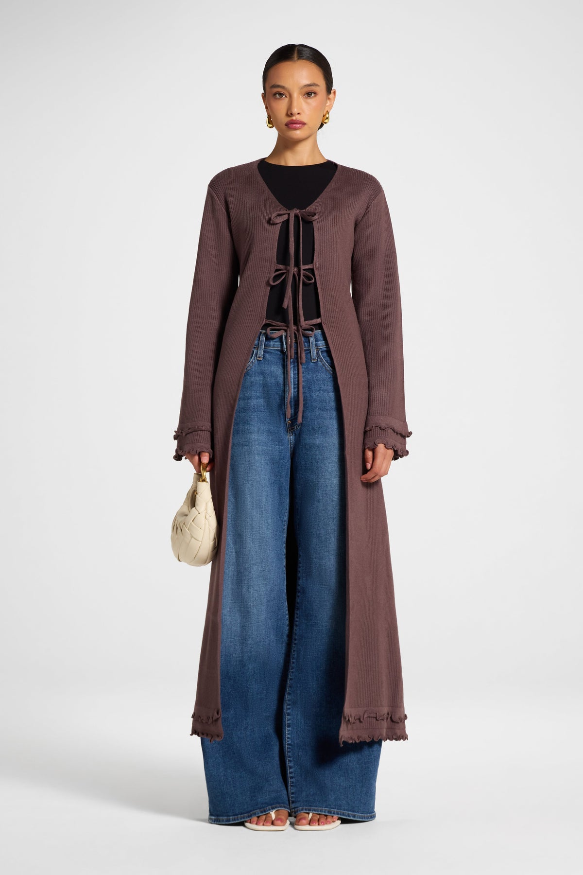 Ruffle Sleeve Knit Cardigan - Peppercorn Veiled 