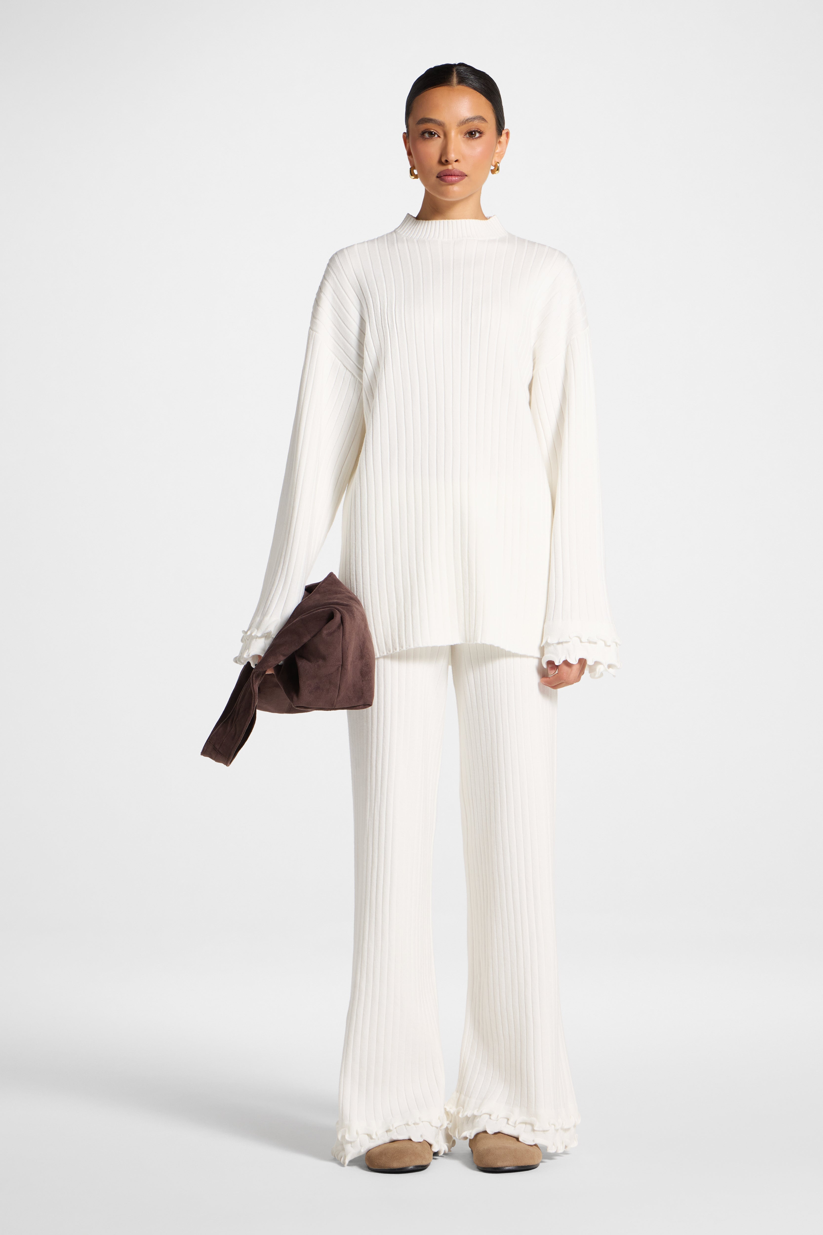 Ruffle Sleeve Knit Top - White Abayas Veiled 