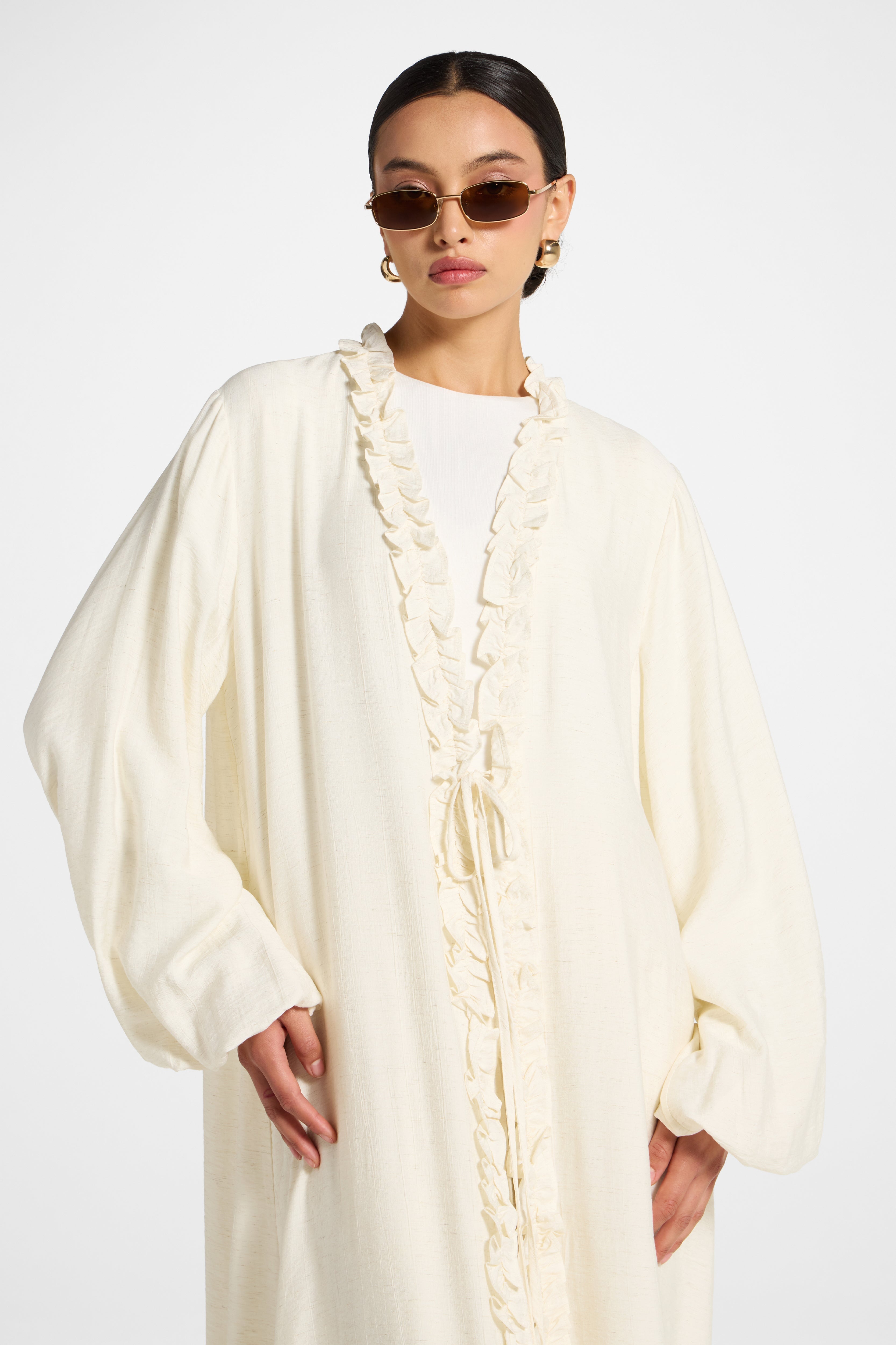Ruffle Tie Front Abaya - Ivory Abayas Veiled 