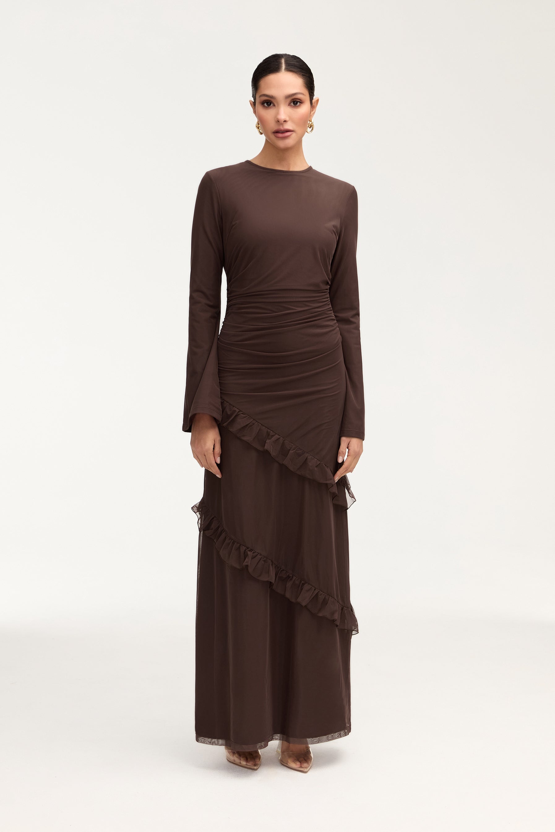 Sabrina Waterfall Mesh Maxi Dress - Espresso Clothing Veiled 