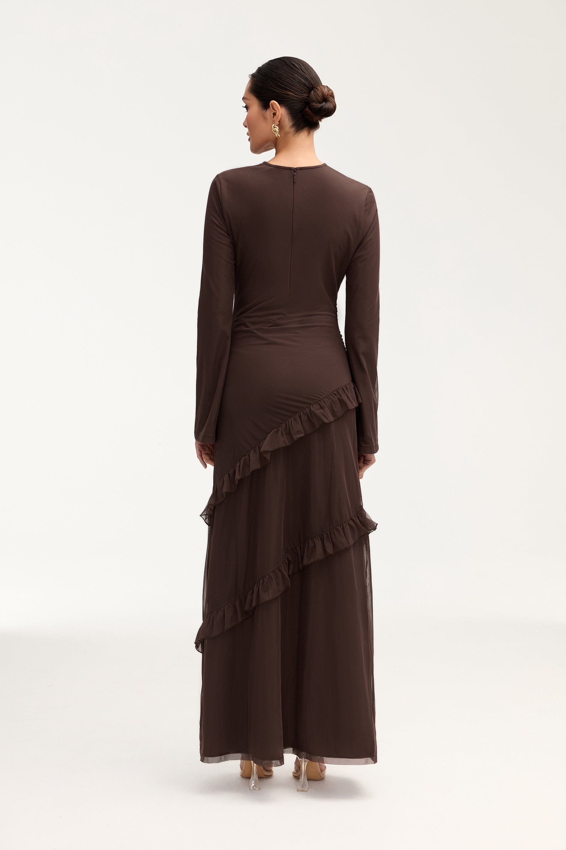 Sabrina Waterfall Mesh Maxi Dress - Espresso Clothing Veiled 