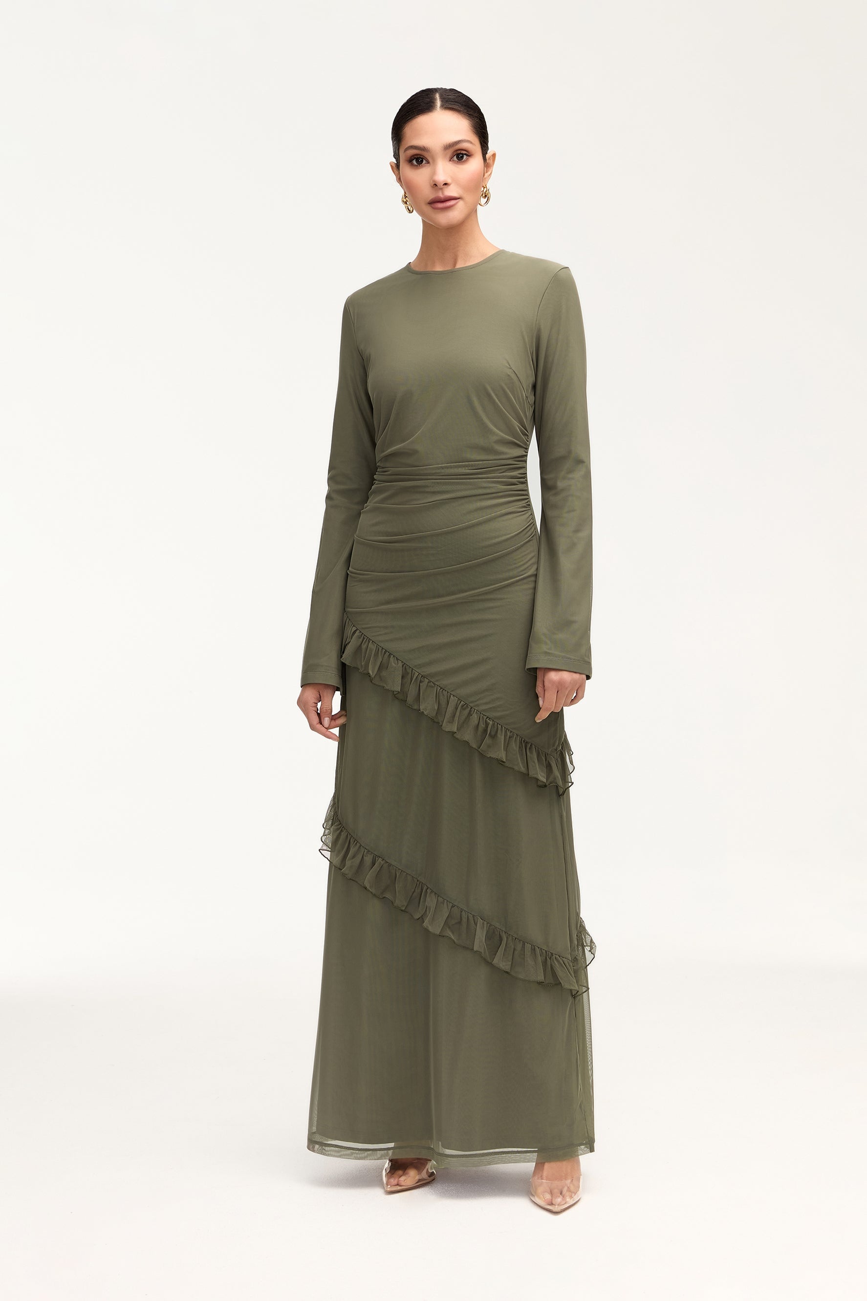 Sabrina Waterfall Mesh Maxi Dress - Smokey Olive Clothing epschoolboard 