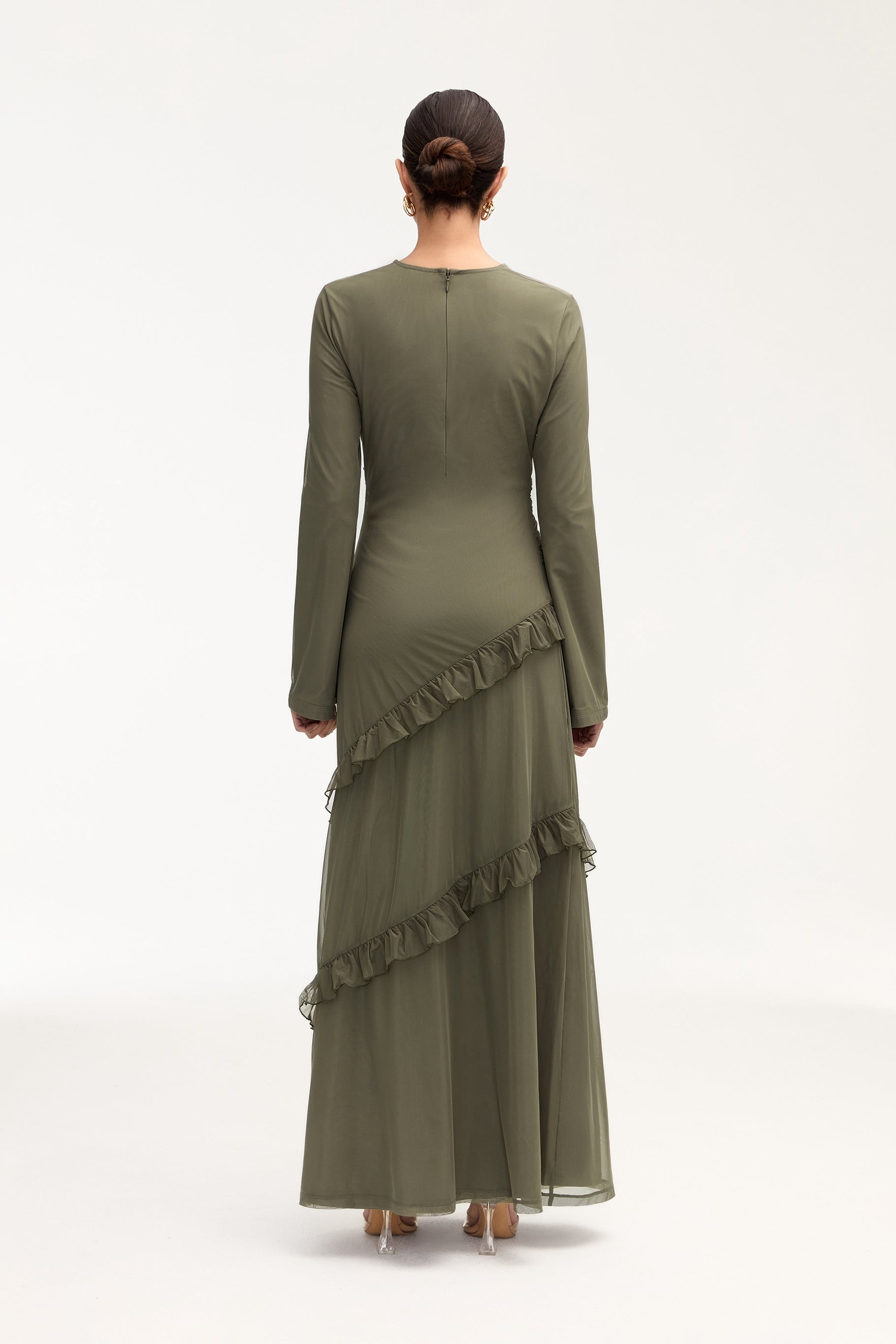Sabrina Waterfall Mesh Maxi Dress - Smokey Olive Clothing Veiled 