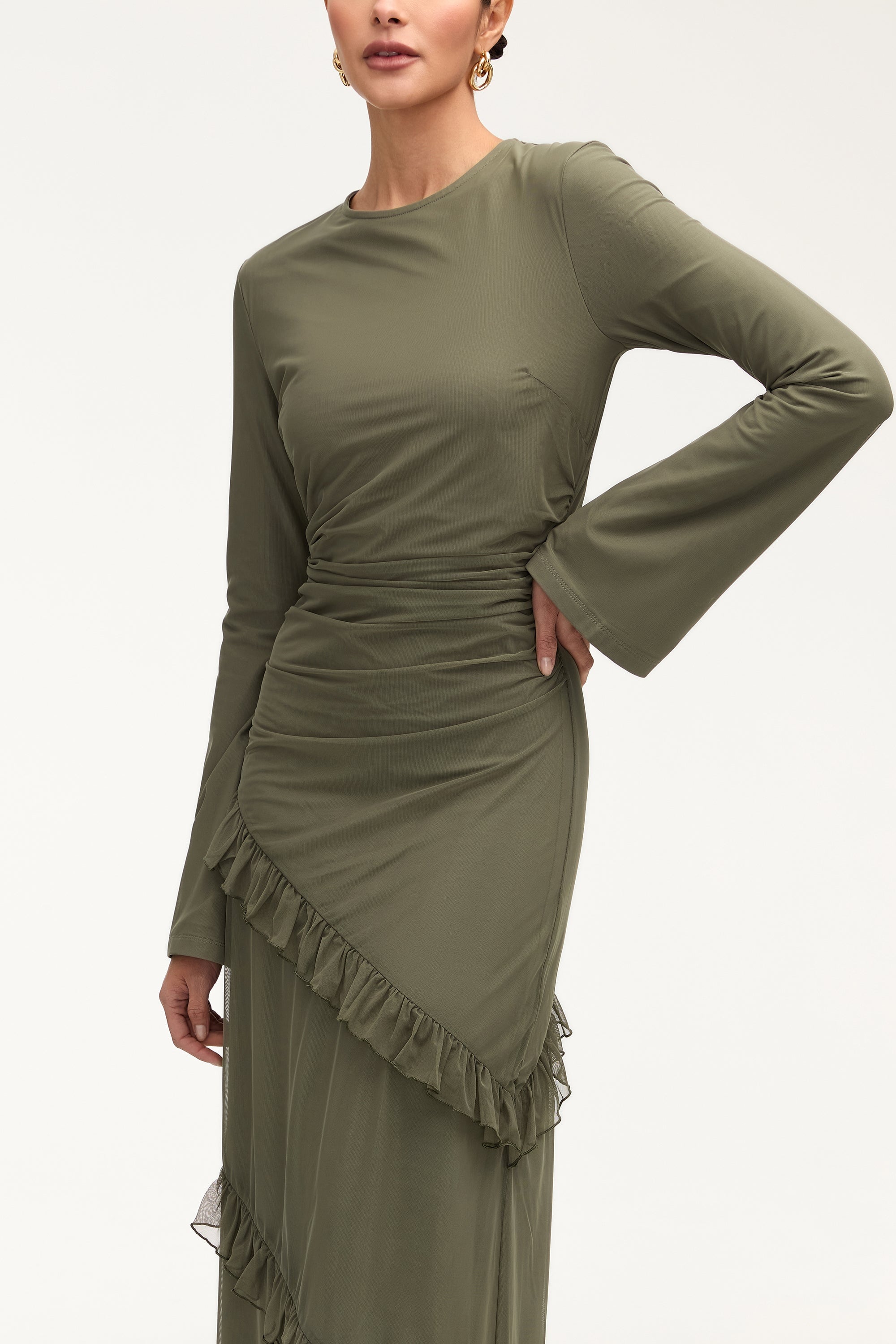 Sabrina Waterfall Mesh Maxi Dress - Smokey Olive Clothing Veiled 