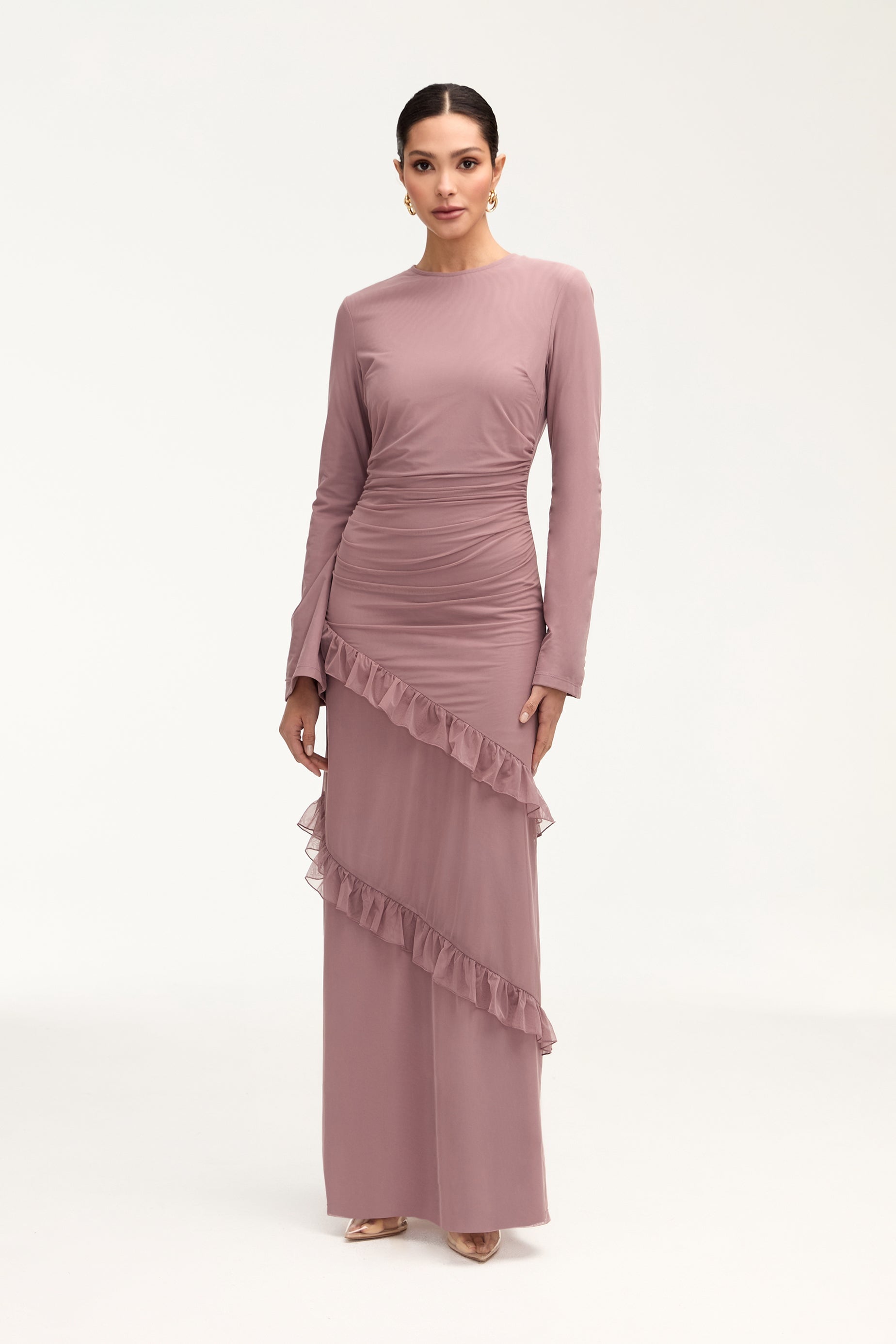 Sabrina Waterfall Mesh Maxi Dress - Twilight Mauve Clothing Veiled 