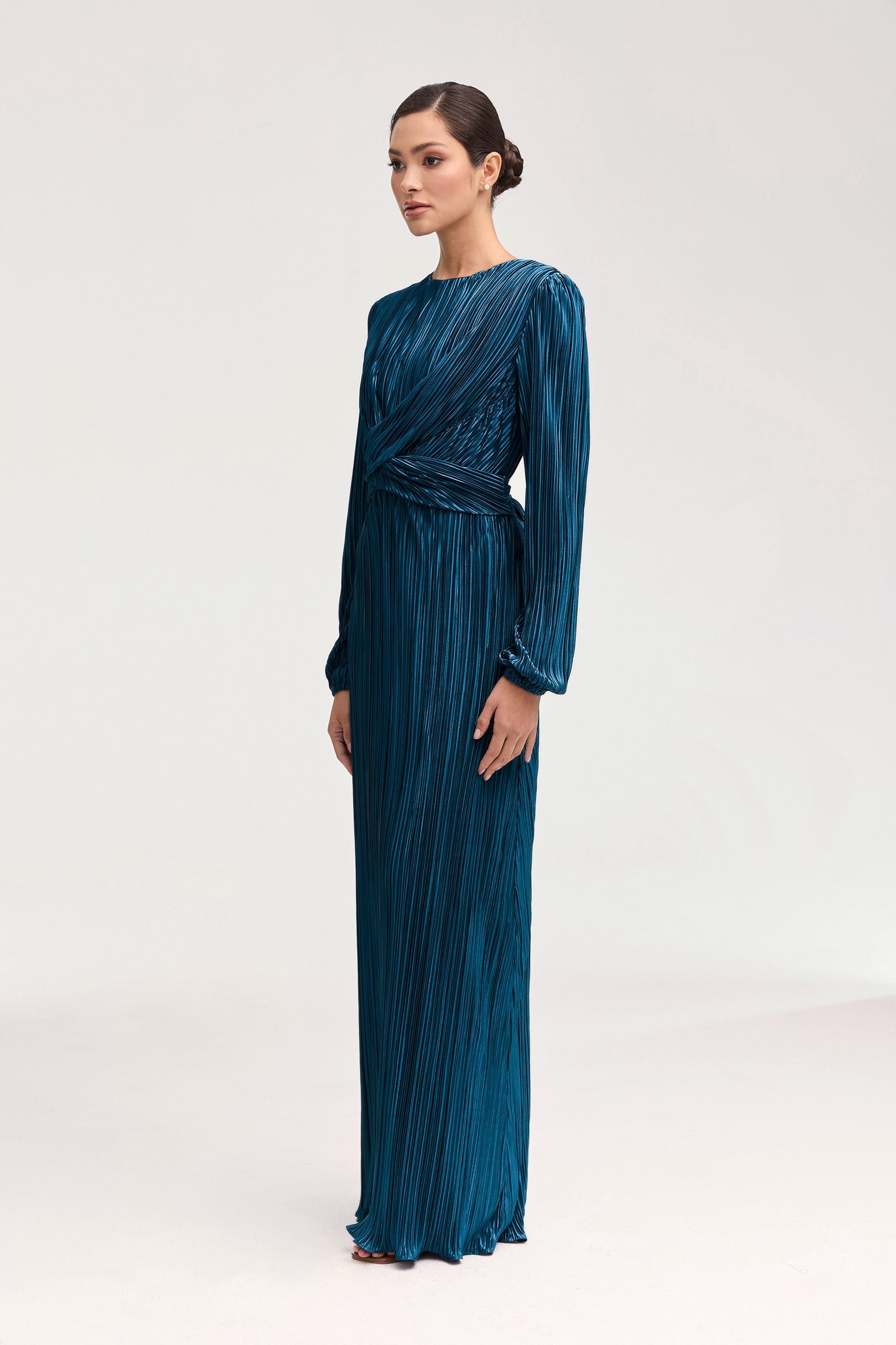 Samara Satin Plisse Wrap Waist Maxi Dress - Lapis Blue