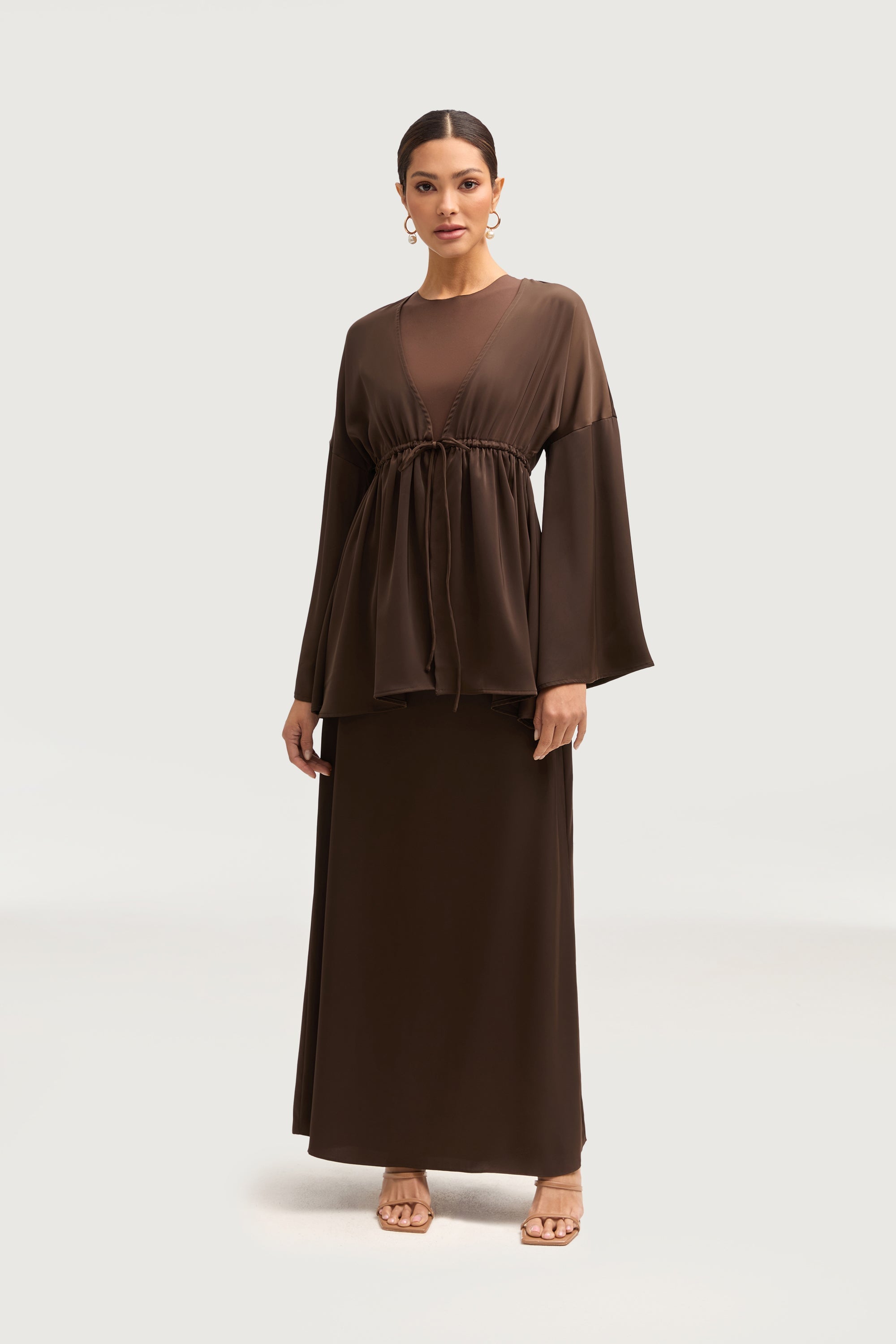 Samia Satin Tie Front Top - Brown Tops Veiled 