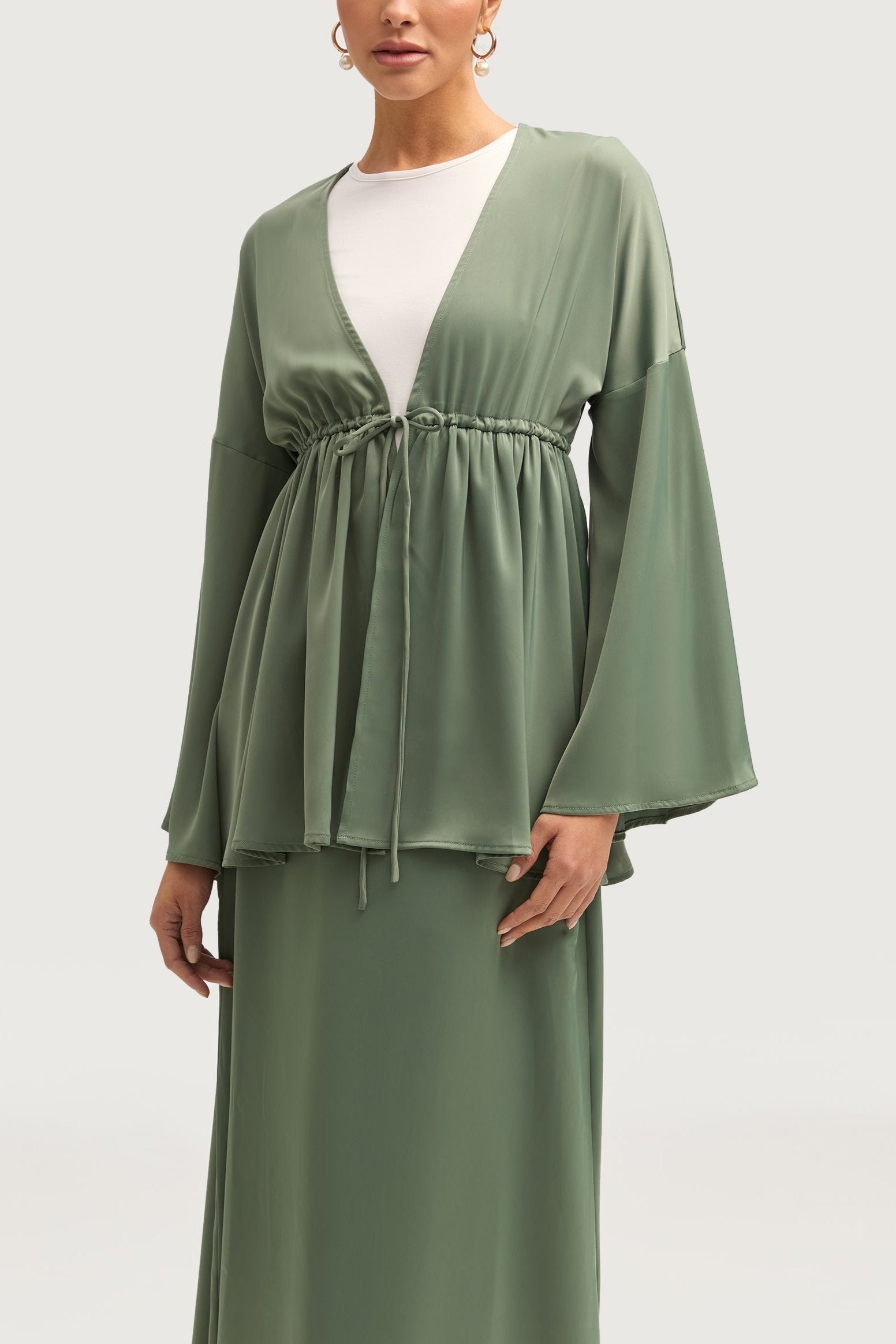 Samia Satin Tie Front Top - Sage Tops Veiled 