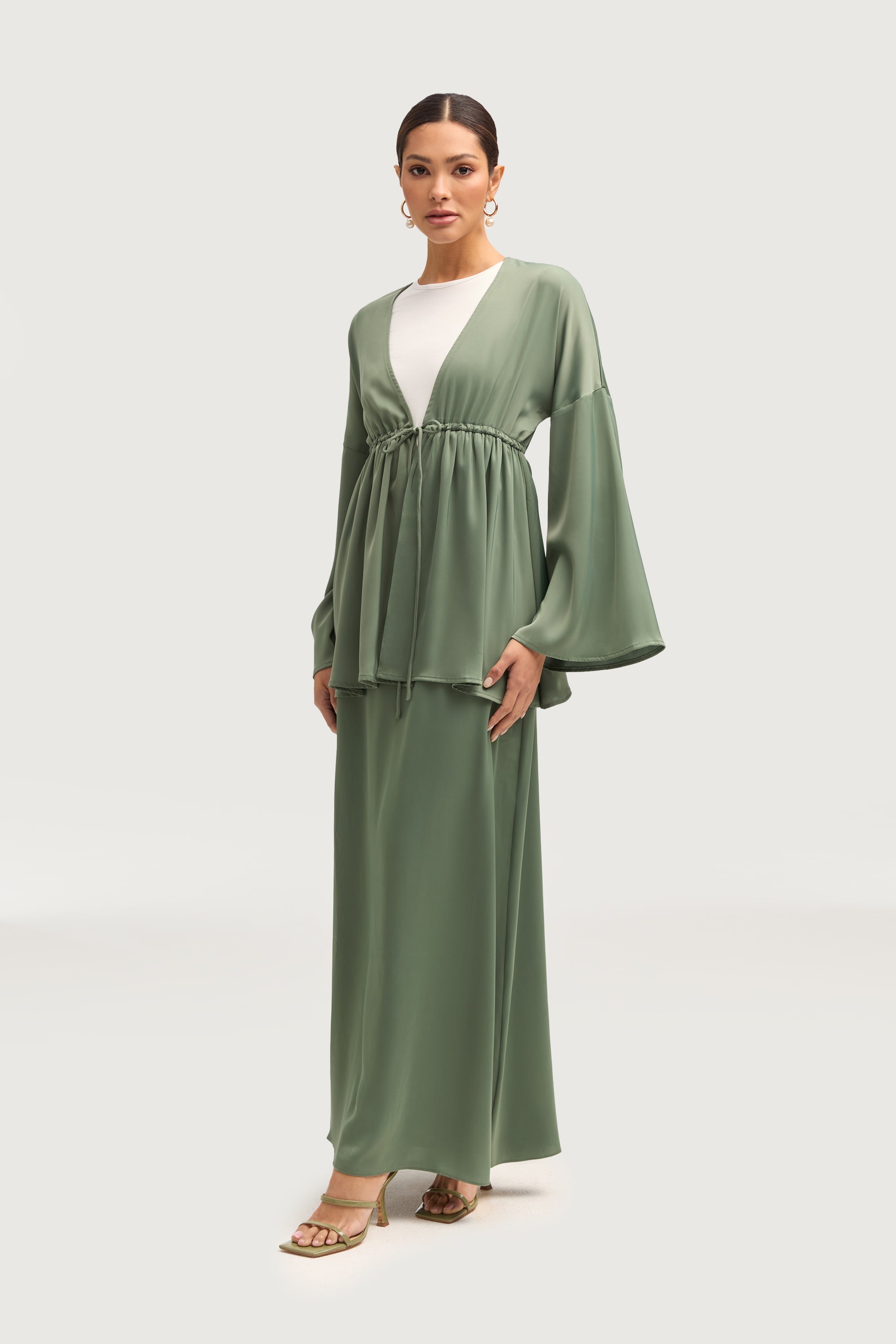 Samia Satin Tie Front Top - Sage Tops Veiled 