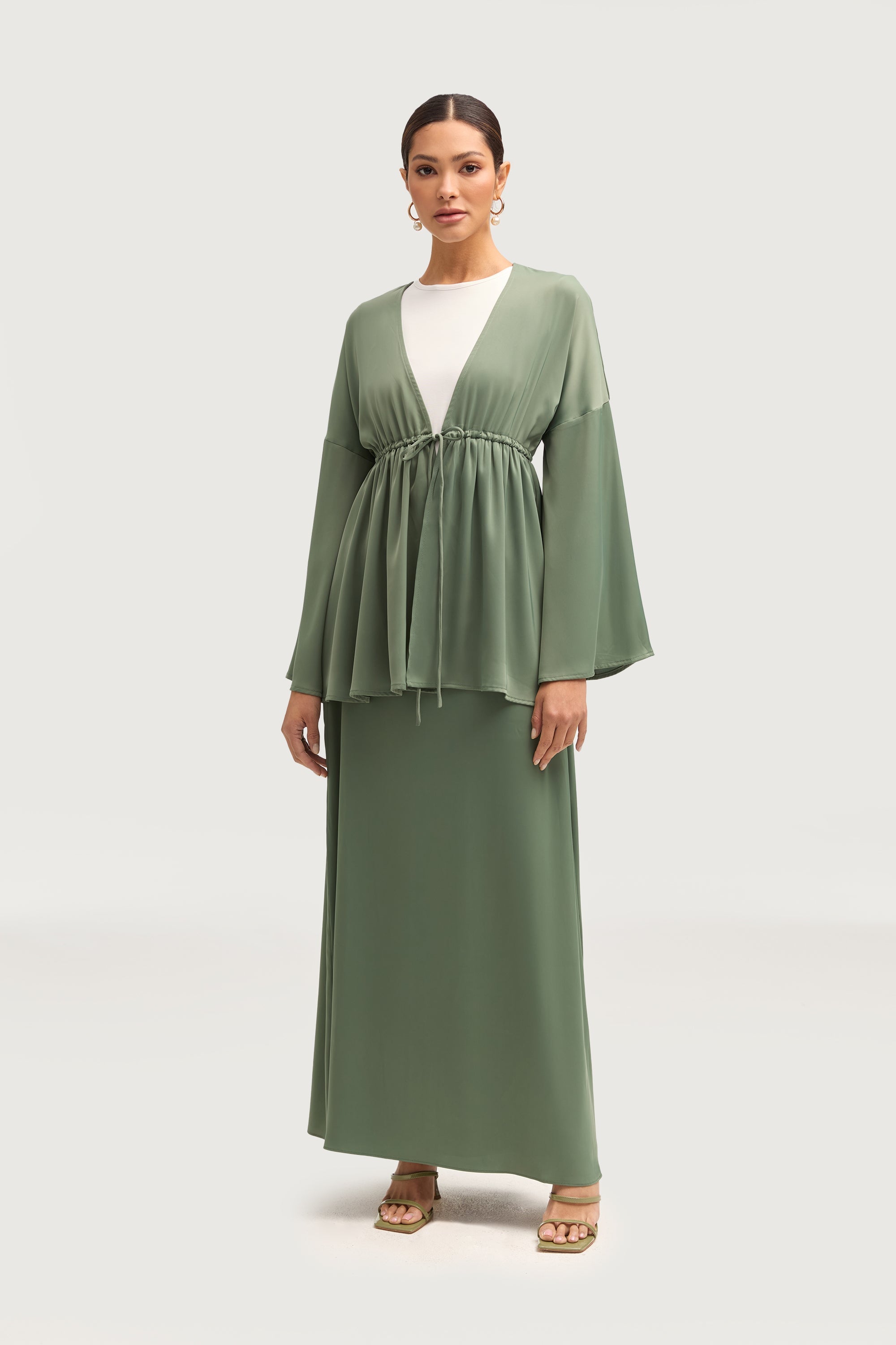 Samia Satin Tie Front Top - Sage Tops Veiled 