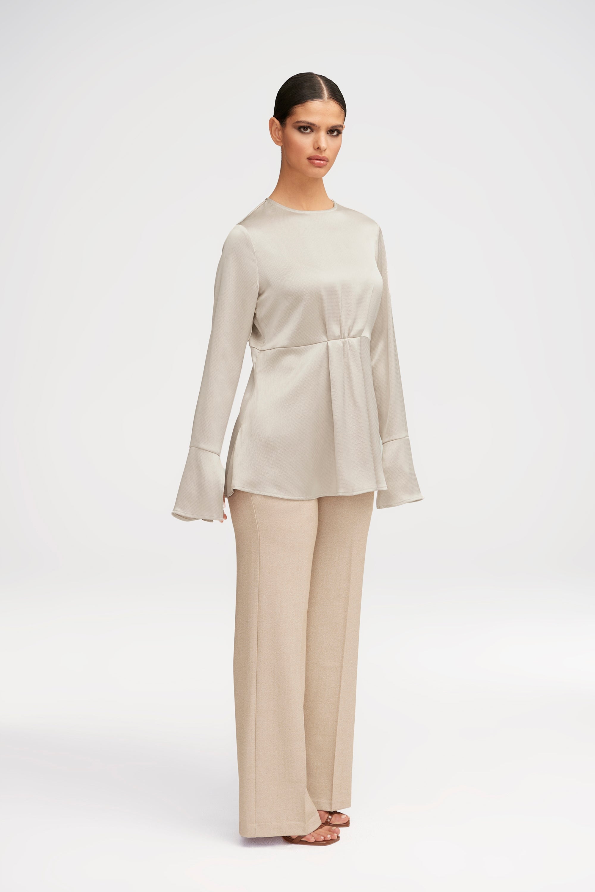 Samira Split Sleeve Satin Blouse - Stone Clothing Veiled 