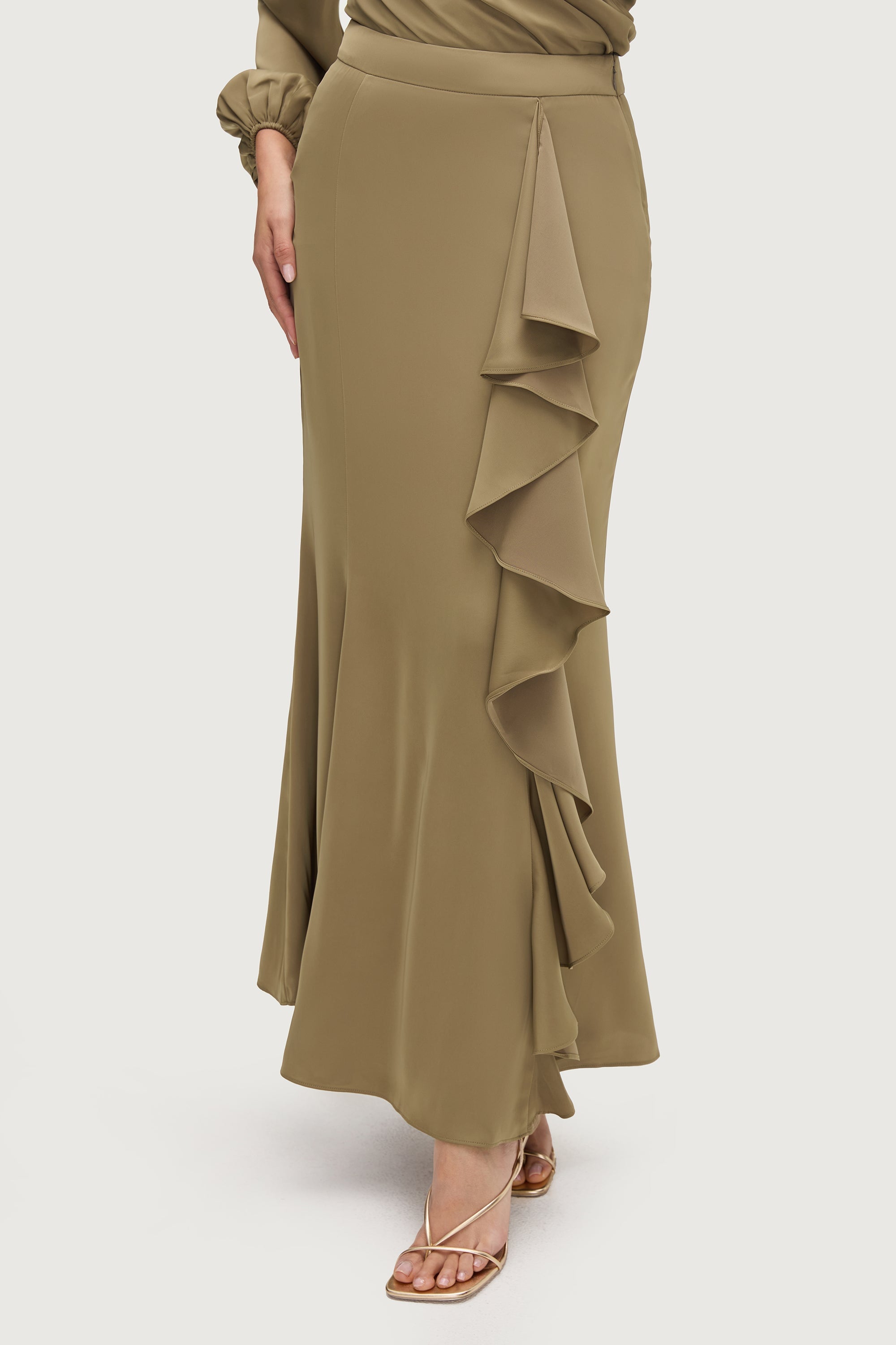 Satin Asymmetric Waterfall Maxi Skirt - Desert Palm Bottoms Veiled Collection 