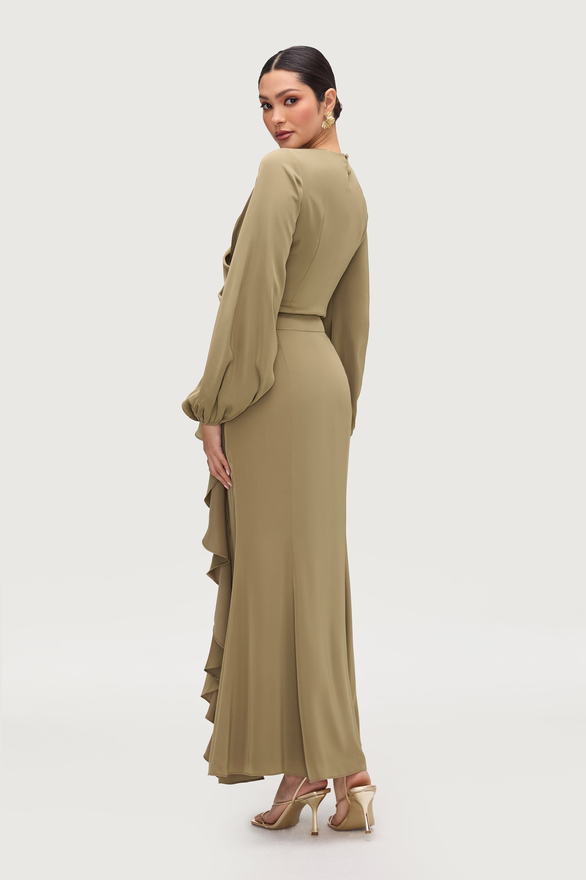 Satin Asymmetric Waterfall Maxi Skirt - Desert Palm Bottoms Veiled Collection 