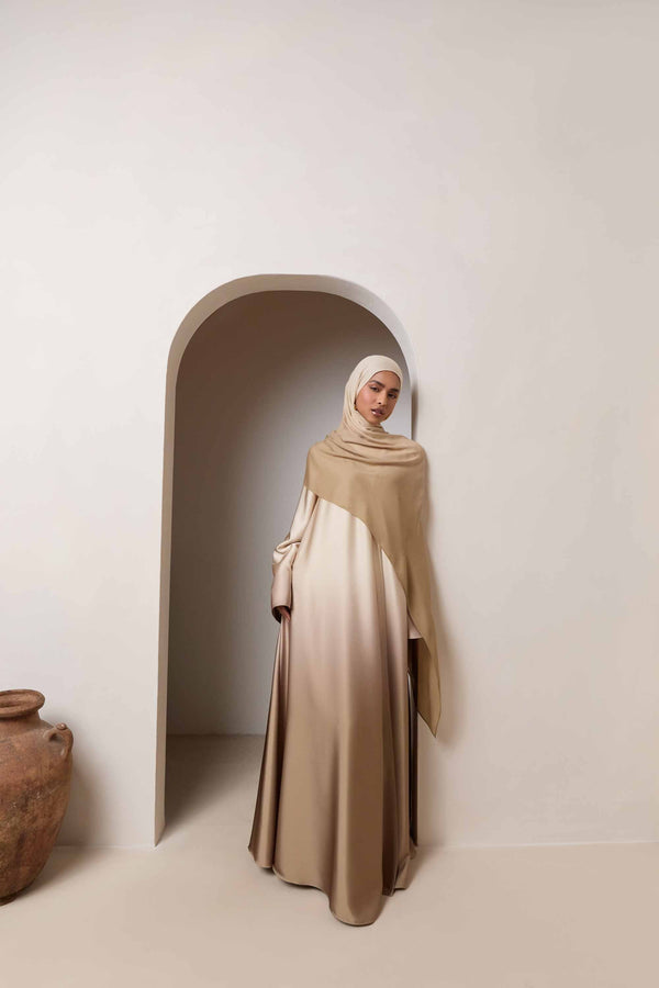Satin Ombre Open Abaya - Cocoa Creme Abayas Veiled 