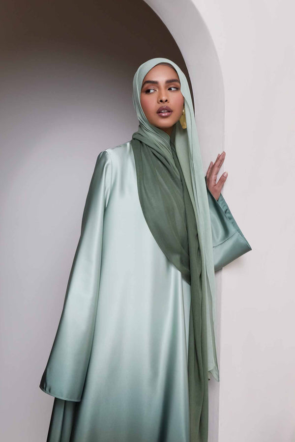 Satin Ombre Open Abaya - Dark Olive Abayas Veiled 