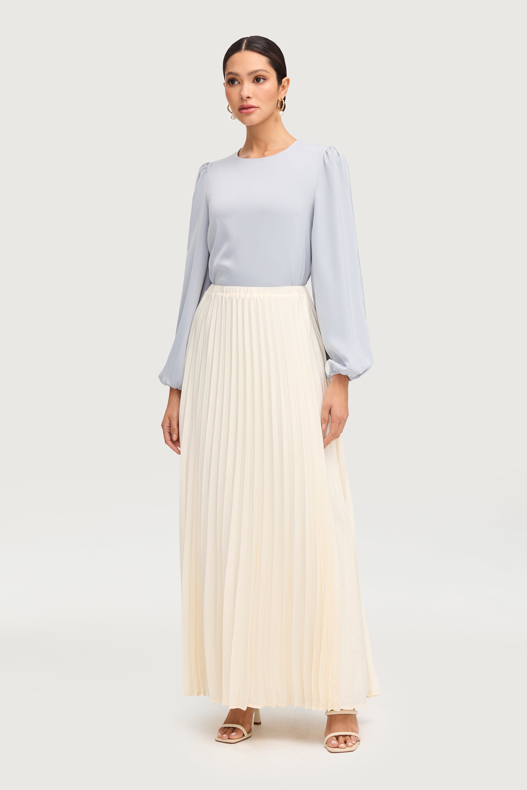 Satin Pleated Maxi Skirt - Moonbeam Bottoms Veiled Collection 